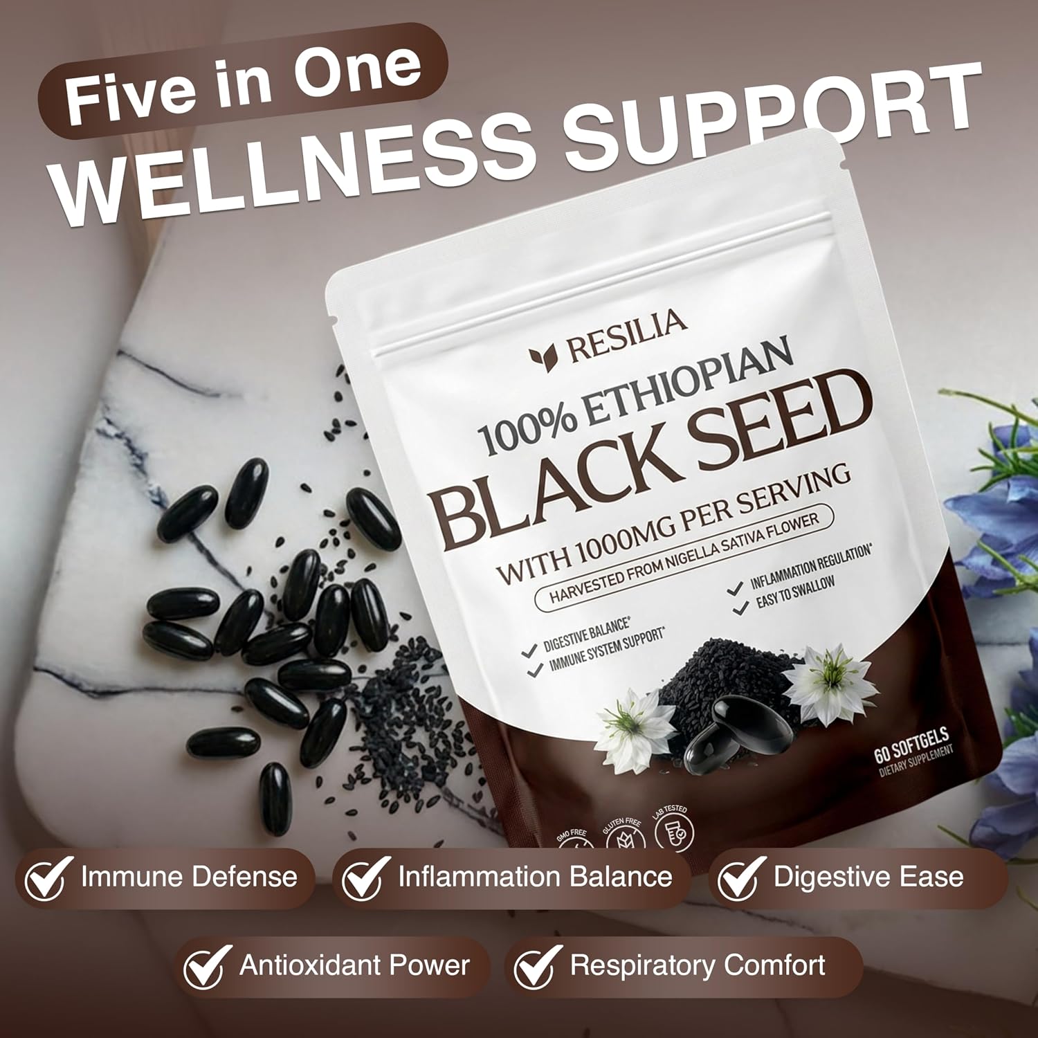 Resilia Ethiopian Black Seed Softgels 1000mg Per Serving – Premium Nigella Sativa Seed Oil Supplement – Digestive & Immune Support Formula – Easy to Swallow Soft Capsules (60 Count)
