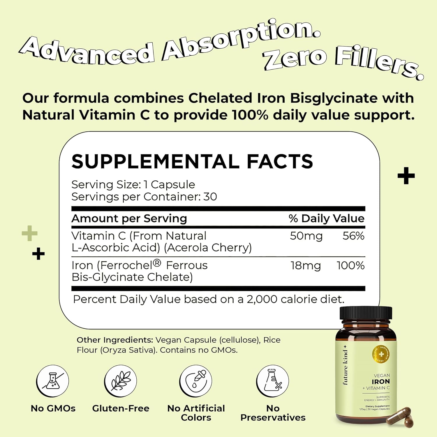 Future Kind Iron Supplement for Women and Men, Daily Energy & Focus, Chelated Iron Bisglycinate, 18mg 100% DV with Vitamin C for Absorption - Gentle on Stomach, Non-GMO Vegan Capsules, 30 Day Supply