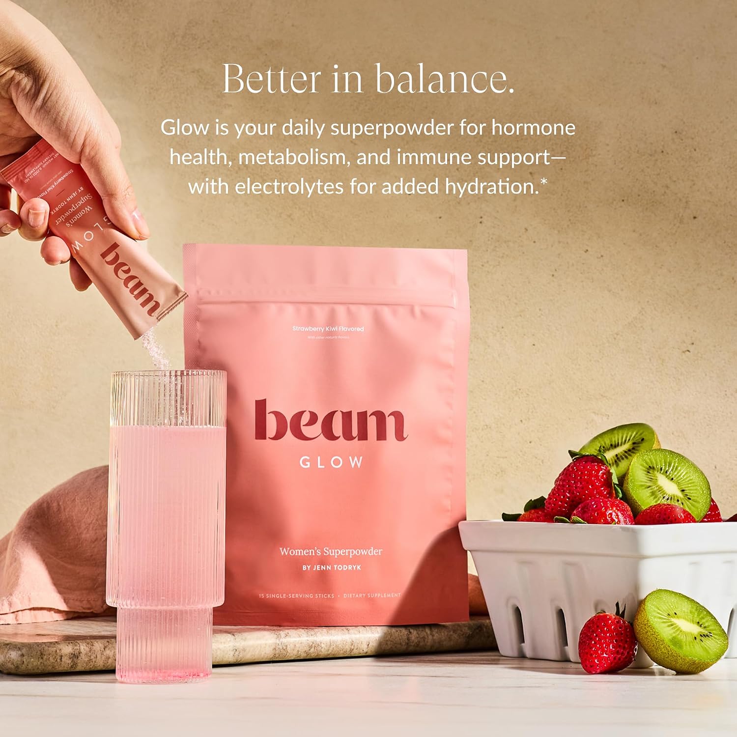 BEAM Glow, Hormone Balance for Women, Thyroid Support for Women, Natural Hormone Support Powder with Selenium and Bromelain, PMS Relief, Energy, Hair Skin & Nails, Vegan, No Sugar, 15 Servings