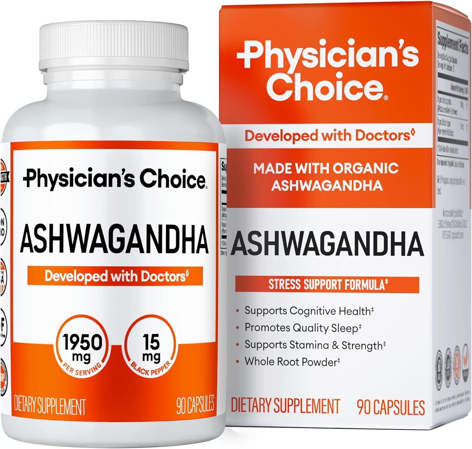 Physician's CHOICE Ashwagandha Supplement - 1950mg of Bioavailable Organic Ashwagandha Root Powder - Black Pepper Extract, Stress Support, Mood Support Supplement, 90 Veggie Capsules