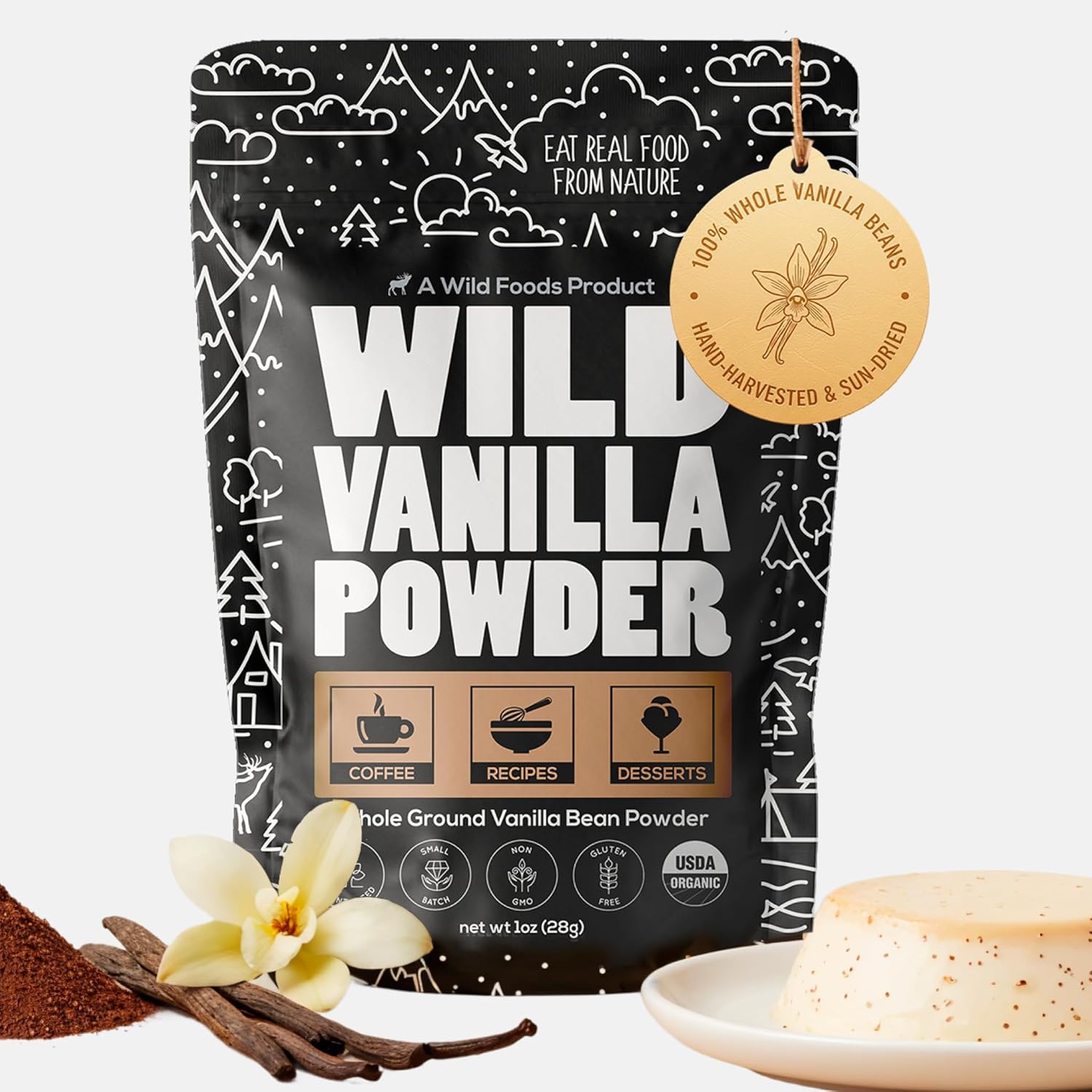 Wild Foods Organic Vanilla Bean Powder - All Natural Pure Vanilla from Madagascar - For Baking Cooking Coffee Flavoring & Smoothies - Unsweetened Gluten Free Non GMO Superfood (1 ounce)
