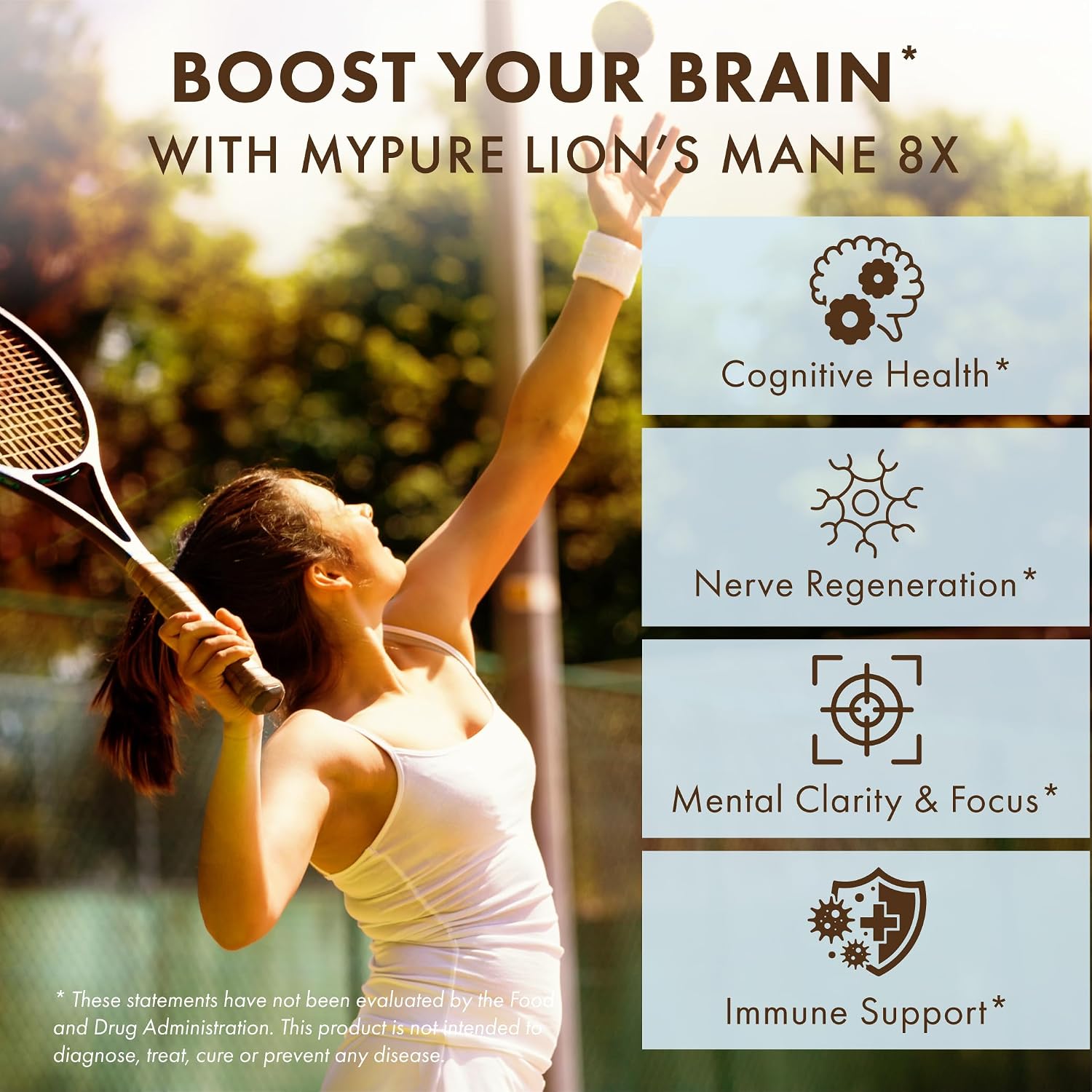 PURE ESSENCE LABS MyPure Lion's Mane 8X - Max Strength Brain Support with 100% Fruiting Body Organic Lion's Mane for Ultimate Cognitive Performance, Focus, and Mental Clarity, 30 Capsules