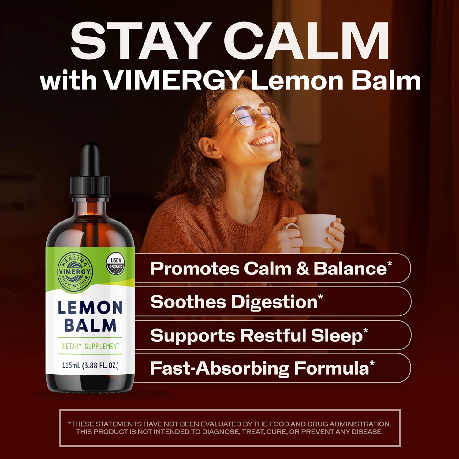 Vimergy USDA Organic Lemon Balm Tincture Herbal Supplement – Can be Used in Tea - Non-GMO, Alcohol-Free –115 mL (1 mL/Serving)