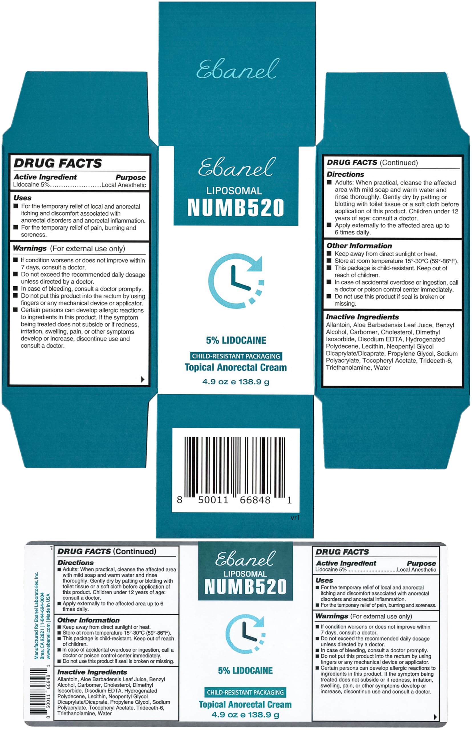 Ebanel 5% Lidocaine Numbing Cream, Pain Relief Burn Itch Cream, Maximum Strength Topical Anesthetic with Allantoin, Vitamin E for Local and Anorectal Uses, Hemorrhoid Treatment, 4.9 Oz