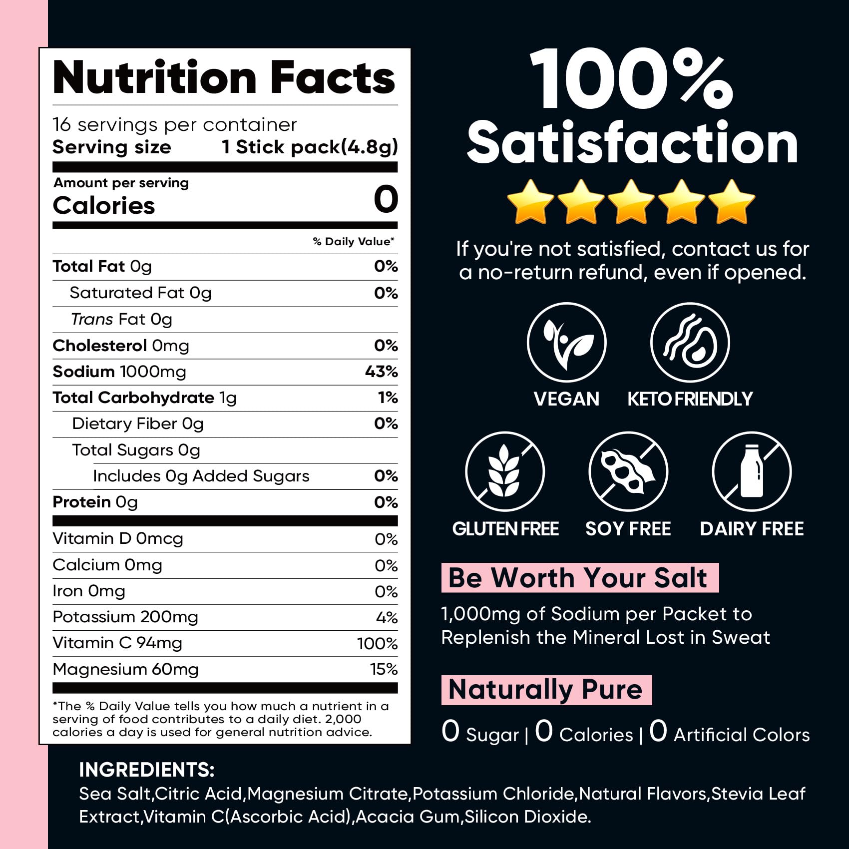 Venture Pal High Sodium Sugar Free Electrolytes Powder Packets, 16 Count | Hydration Packets with Sodium, Magnesium & Potassium, Vitamins, Zero Calories, Vegan, Keto & Paleo Friendly