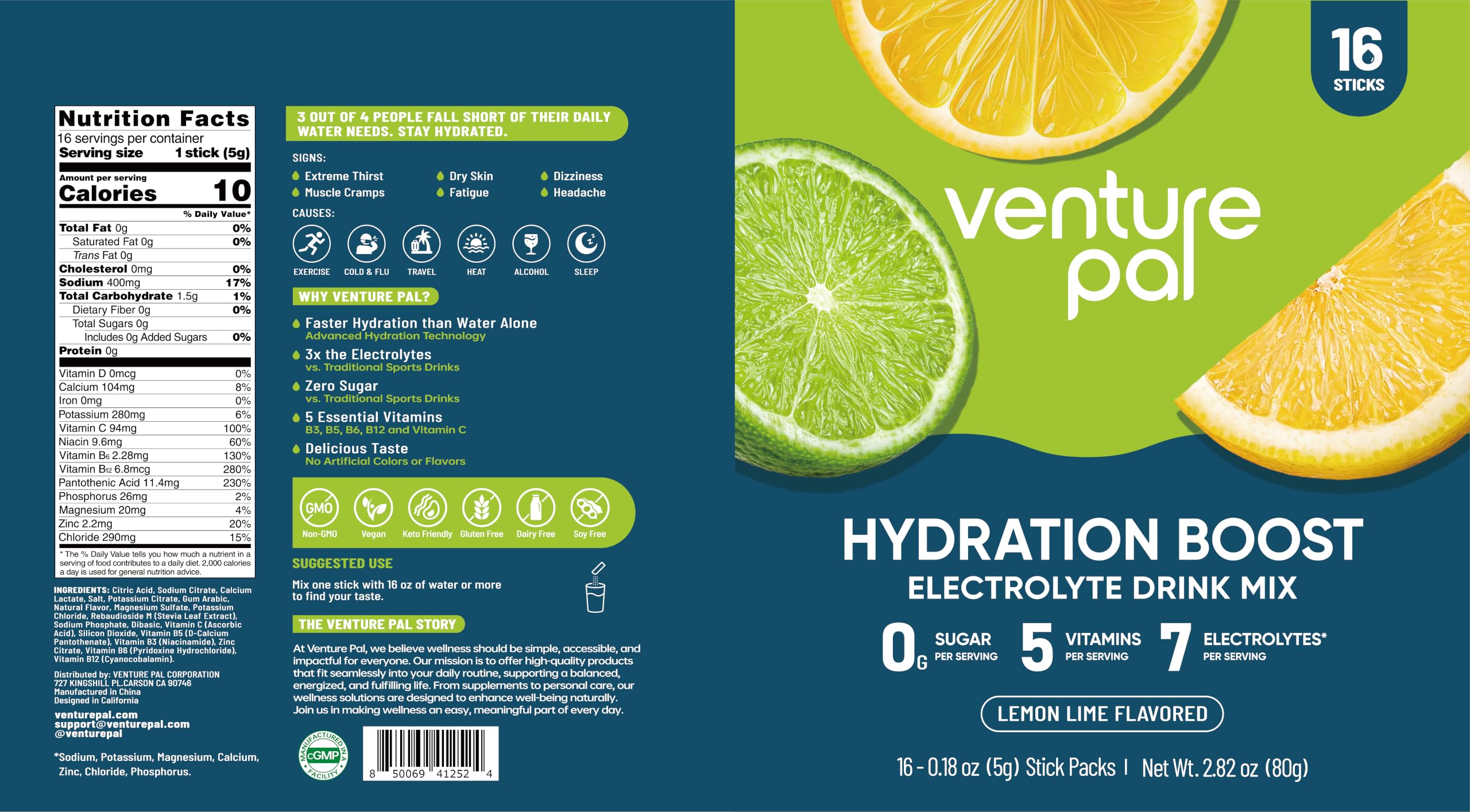 Venture Pal Sugar Free Electrolyte Powder Packets, Keto Friendly, 16 Sticks | Liquid Daily IV Hydration Packets for Rapid Rehydration. 7 Electrolytes & 5 Vitamins | Non-GMO | Vegan | Fast Dissolve