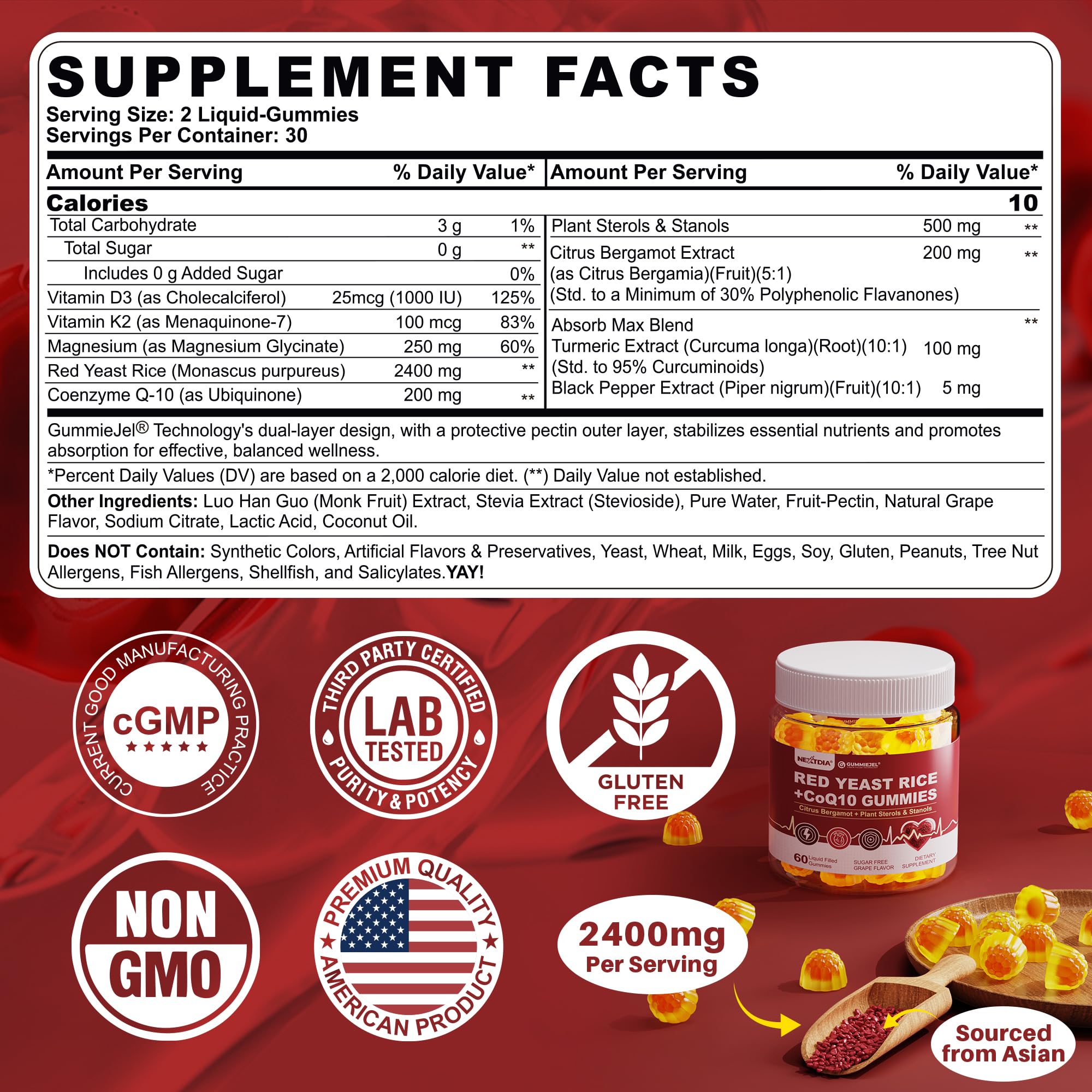 Red Yeast Rice Gummies 2400MG with CoQ10, Suagr Free Balanced Chṏlesterṏl Supplements Plus Citrus Bergamot, Plant Sterols & Stanols Supports Vḁsculḁr Health, Energy, Immunity for Age 50+,Vegan,60 Cts