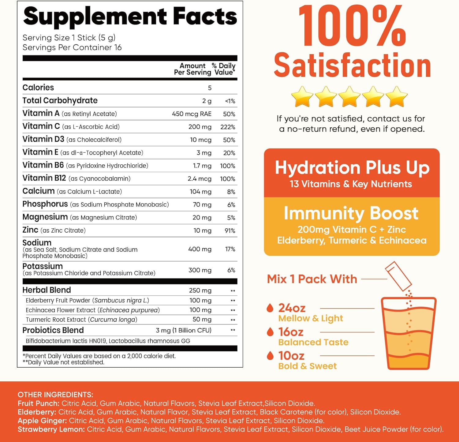Venture Pal Sugar Free Hydration Packets+Immune-Liquid Daily IV Drink Mix | Electrolyte Powder with 7 Electrolytes & 6 Vitamins, Probiotics + Elderberry | Non-GMO, Keto Friendly, Vegan | 16 Sticks