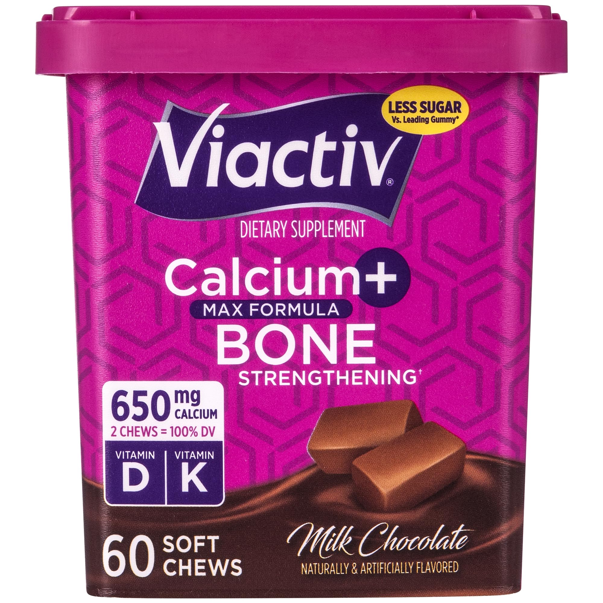 Viactiv Calcium + Vitamin D Supplement Soft Chews for Women & Men - Chewable Calcium for Bone Health Support, 650 mg per Serving, Vitamin D & K for High Absorption - 60 Count, Caramel
