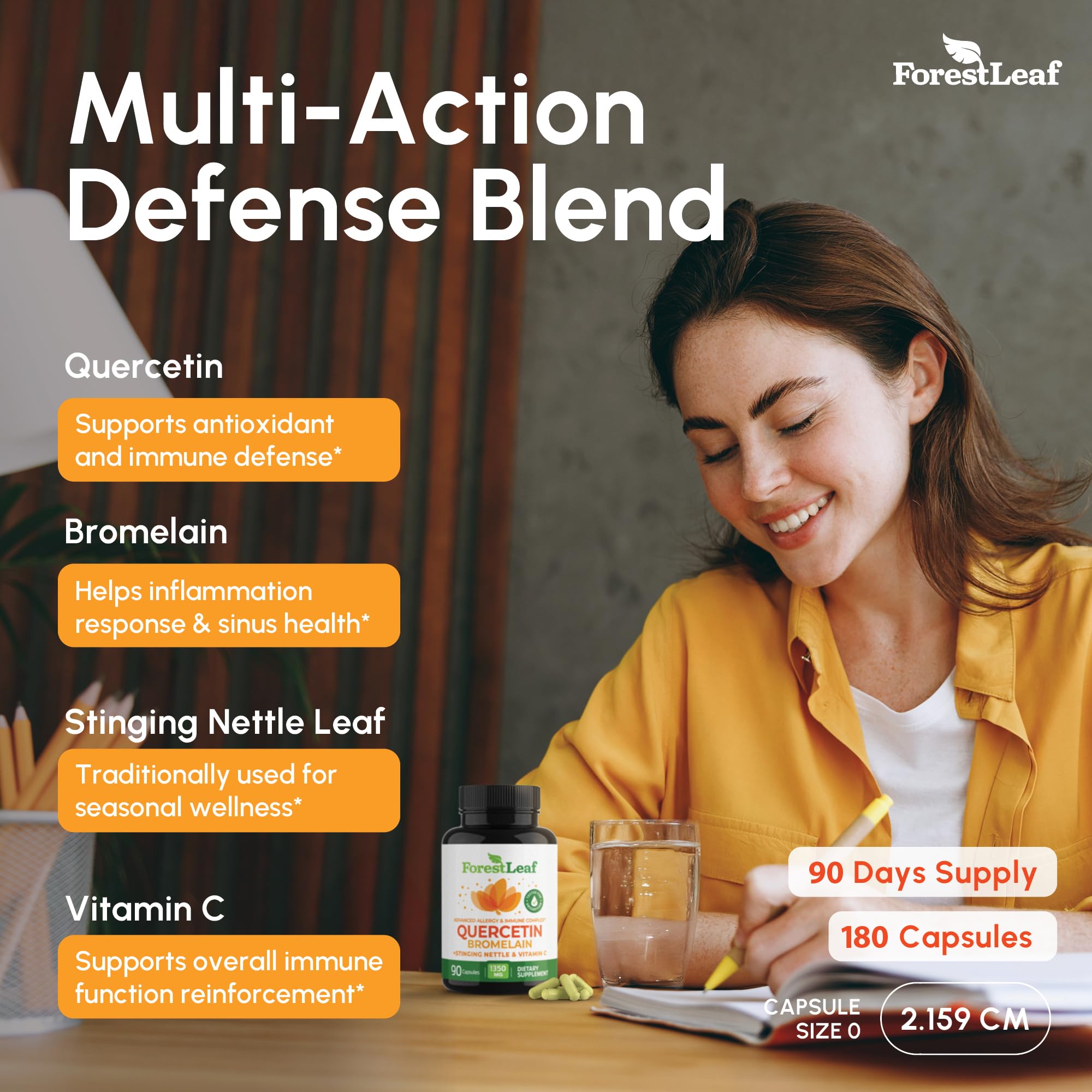 ForestLeaf Quercetin with Bromelain 1350mg - Blend with Vitamin C & Stinging Nettle Supplement, Quercetin 500mg Capsules, Non-GMO Gluten Free, Natural Function, 90 Veggie Caps