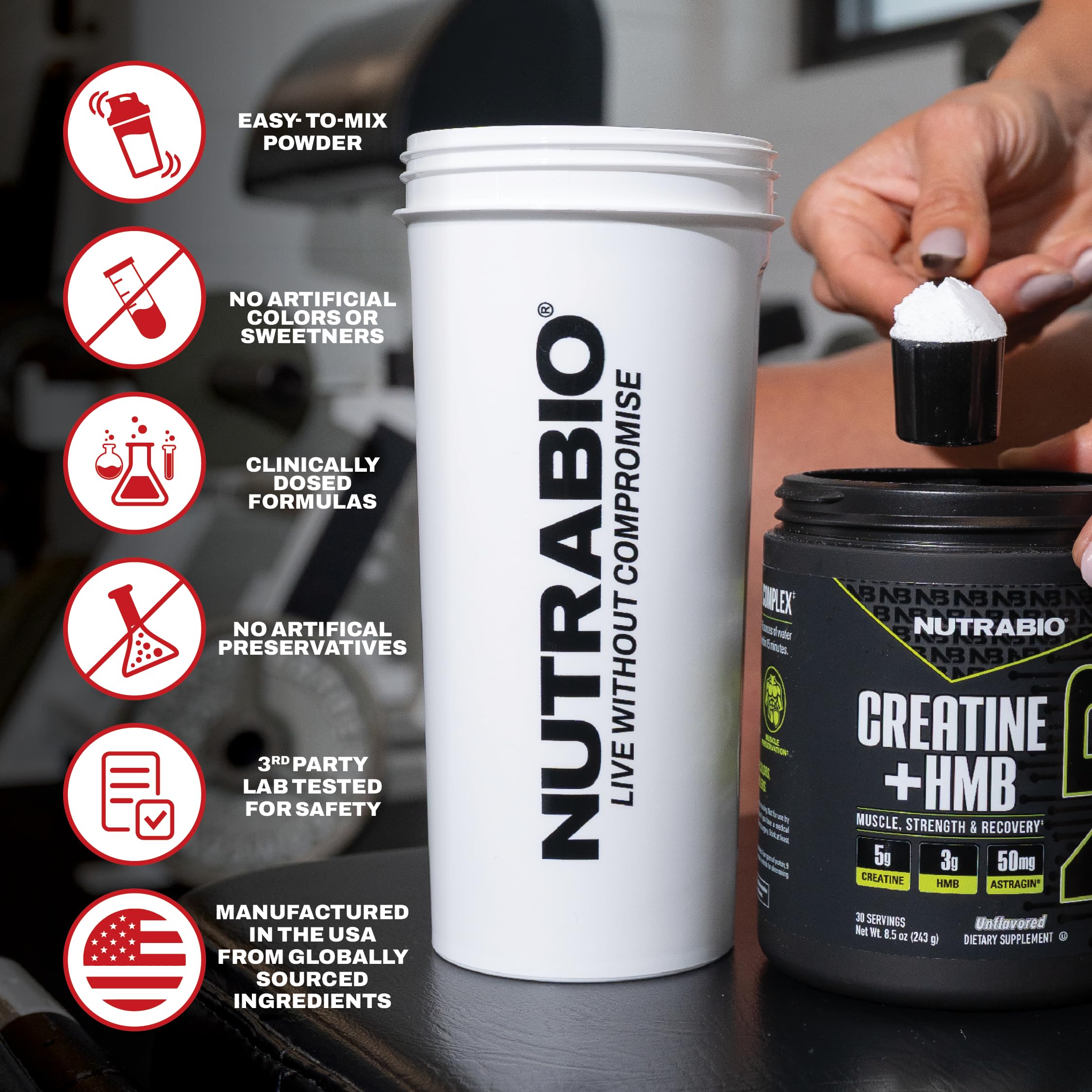 NutraBio Creatine + HMB- Creatine Monohydrate with HMB Powder for Muscle Growth, Increased Strength- 30 Servings (Unflavored)
