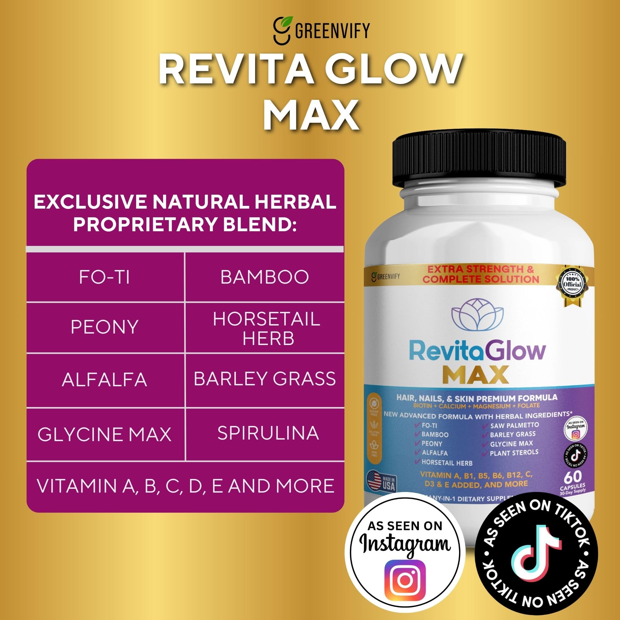 GREENVIFY RevitaGlow Max Hair, Nails & Skin Premium Formula, 60 Capsules, 30-Day Supply, with Biotin, Vitamins A, B1, B5, B6, B12, C, D3, E (1) GREENVIFYBuy Supplements Australia