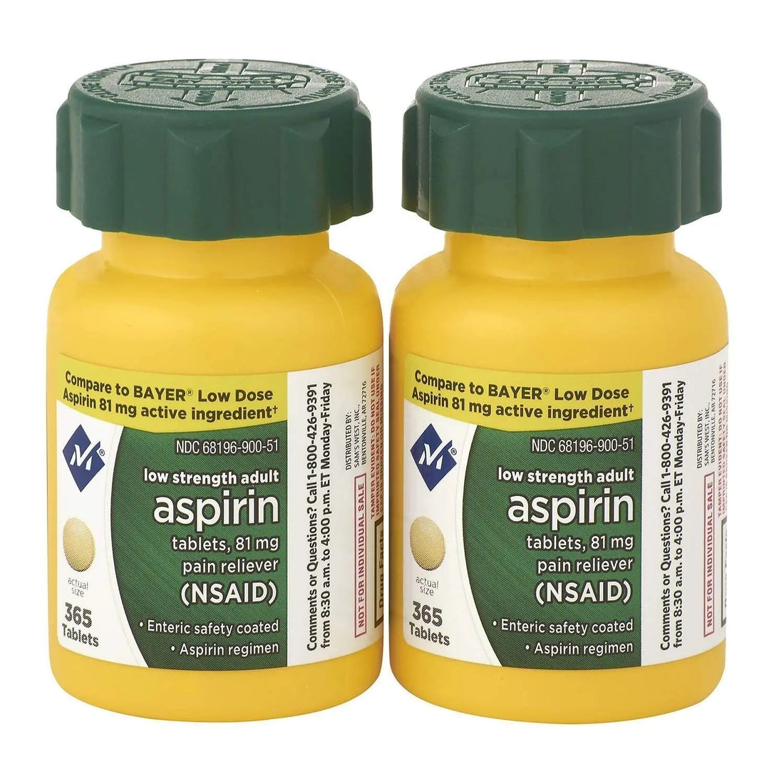 Sam's West Member's Mark Low Strength Adults Enteric Safety Coated Aspirin Regimen Tablets Pain Reliever NSAID, 81 mg, 2 Bottles, 730 Tablets MEMBER´S MARKBuy Supplements Australia