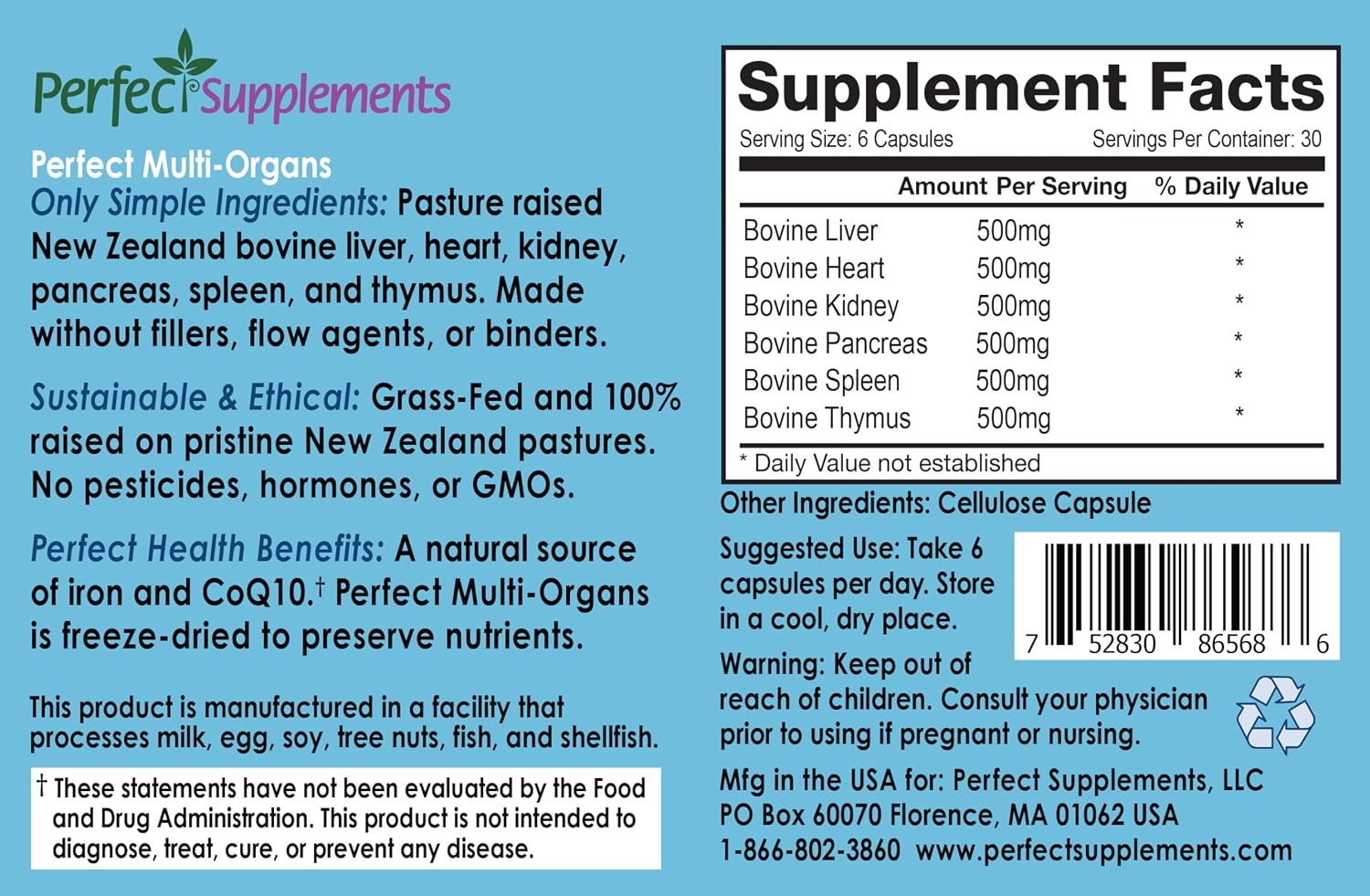 Perfect Supplements - Perfect Multi-Organs – A Blend of 6 Synergistic Glandulars – 100% Freeze Dried & Hormone Free – New Zealand Pasture Raised Whole Food Capsules