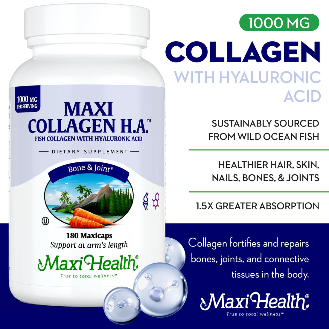 Maxi Health Marine Collagen Pills – 1000 mg Type 1 Collagen for Women & Men with Hyaluronic Acid Supplement for Joint & Skin Support – Unflavored