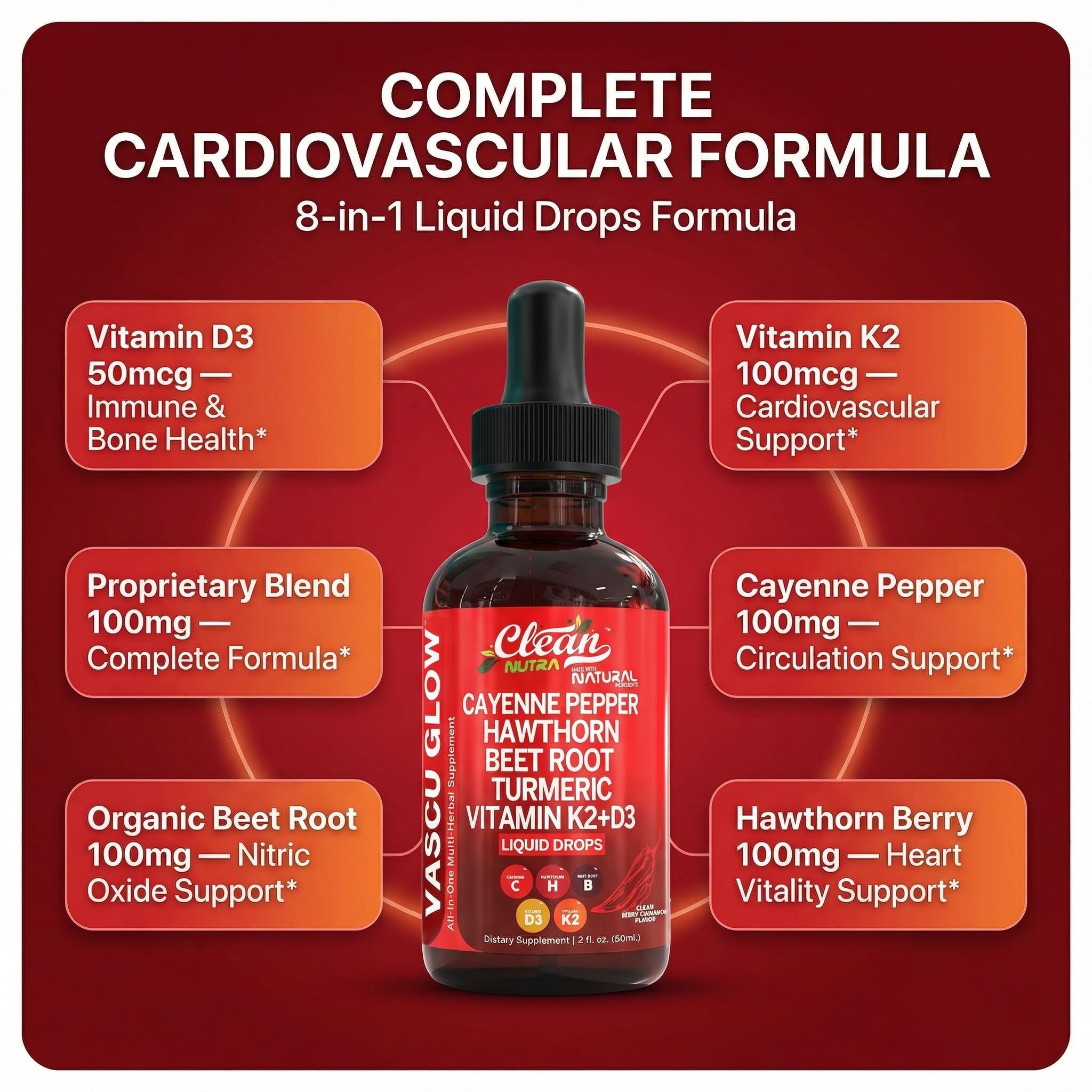 Clean Nutra Cayenne Pepper Drops Supplement Liquid + Hawthorn Berry, Vitamin D3 K2 Beet Root Powder, Ceylon Cinnamon, Turmeric Curcumin