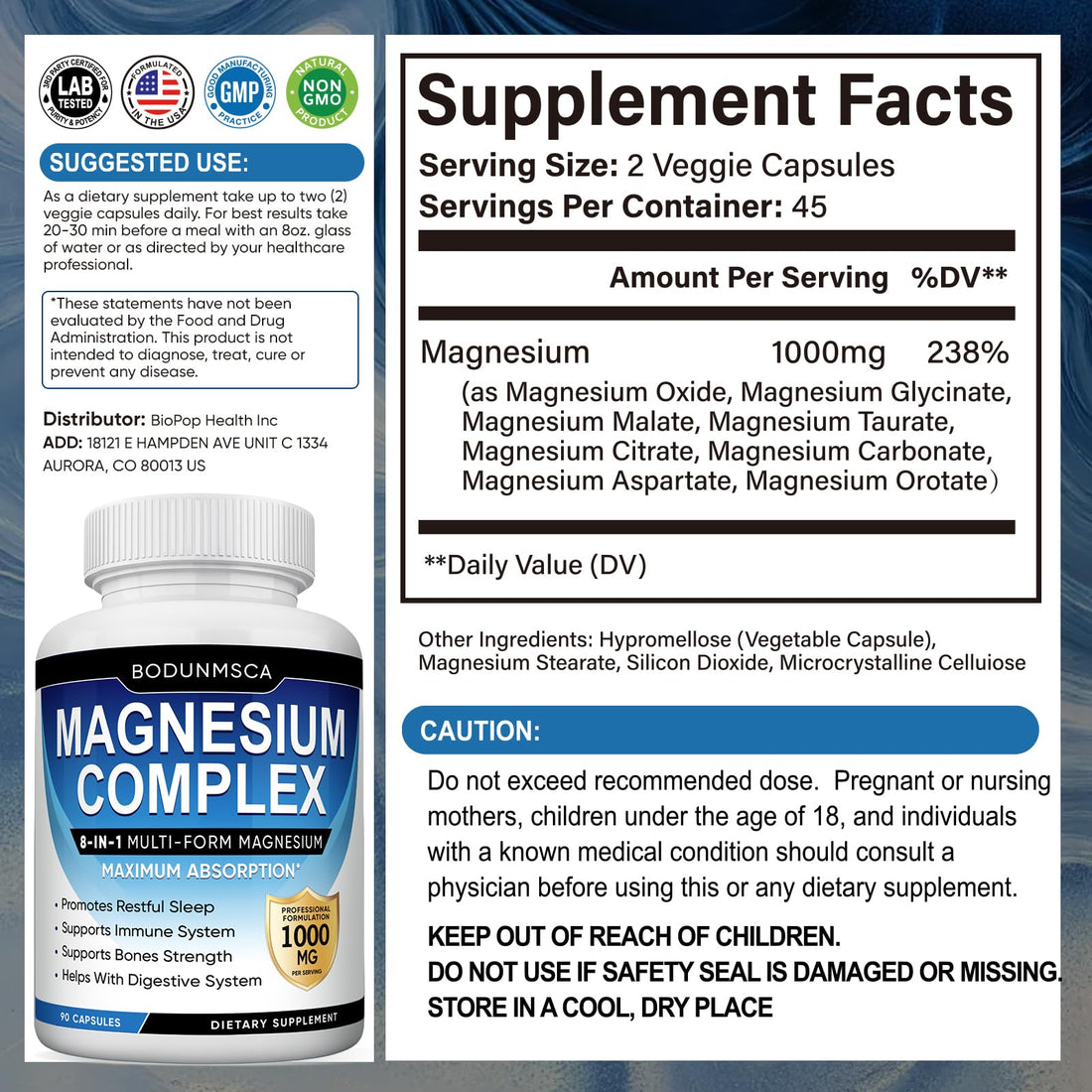 Two bottles of Bodunmsca Magnesium Complex with health benefits displayed.