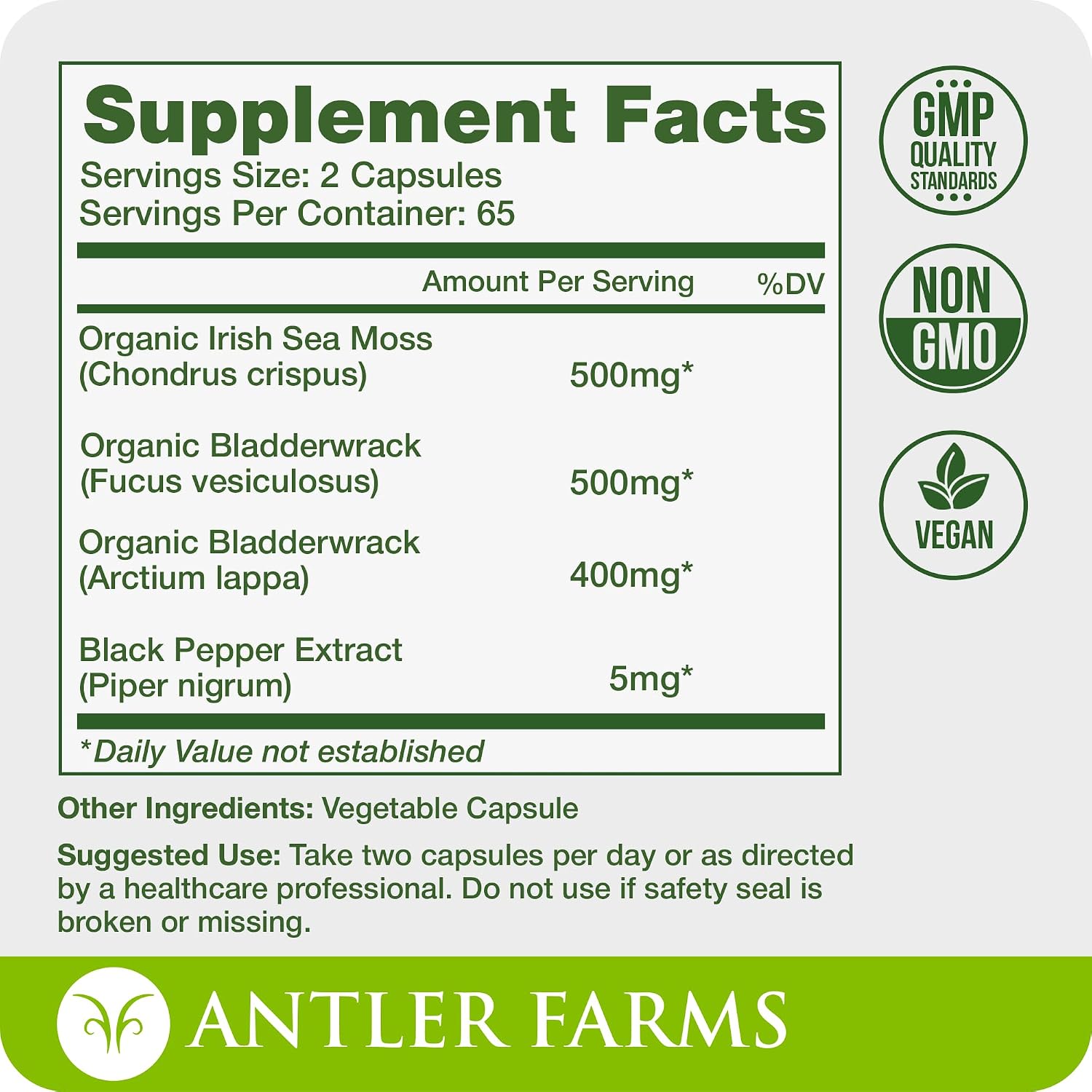 Antler Farms Sea Moss Complex - Bladderwrack, Burdock Root, 130 Capsules | Wildcrafted Irish Sea Moss, Bladderwrack, and Burdock Root, for Wellness, Vegan-Friendly, Gluten, Soy, and Dairy Free