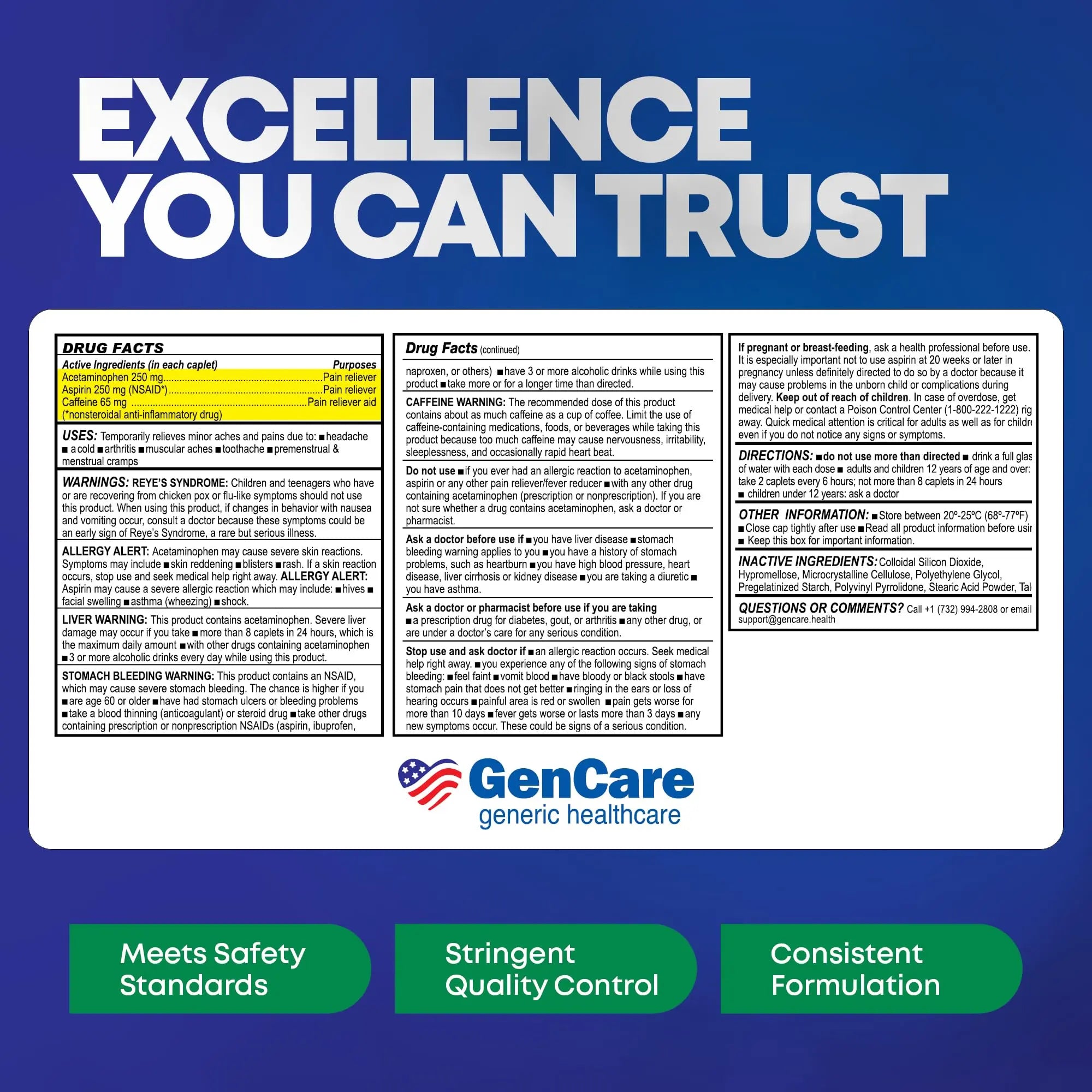 GenCare - Headache Relief Acetaminophen with Aspirin (NSAID) & Caffeine (300 Caplets) Value Pack | Head Pain, Muscle Aches, Back Pain & Body | Generic ExcedrEn Extra Strength GenCareBuy Supplements Australia