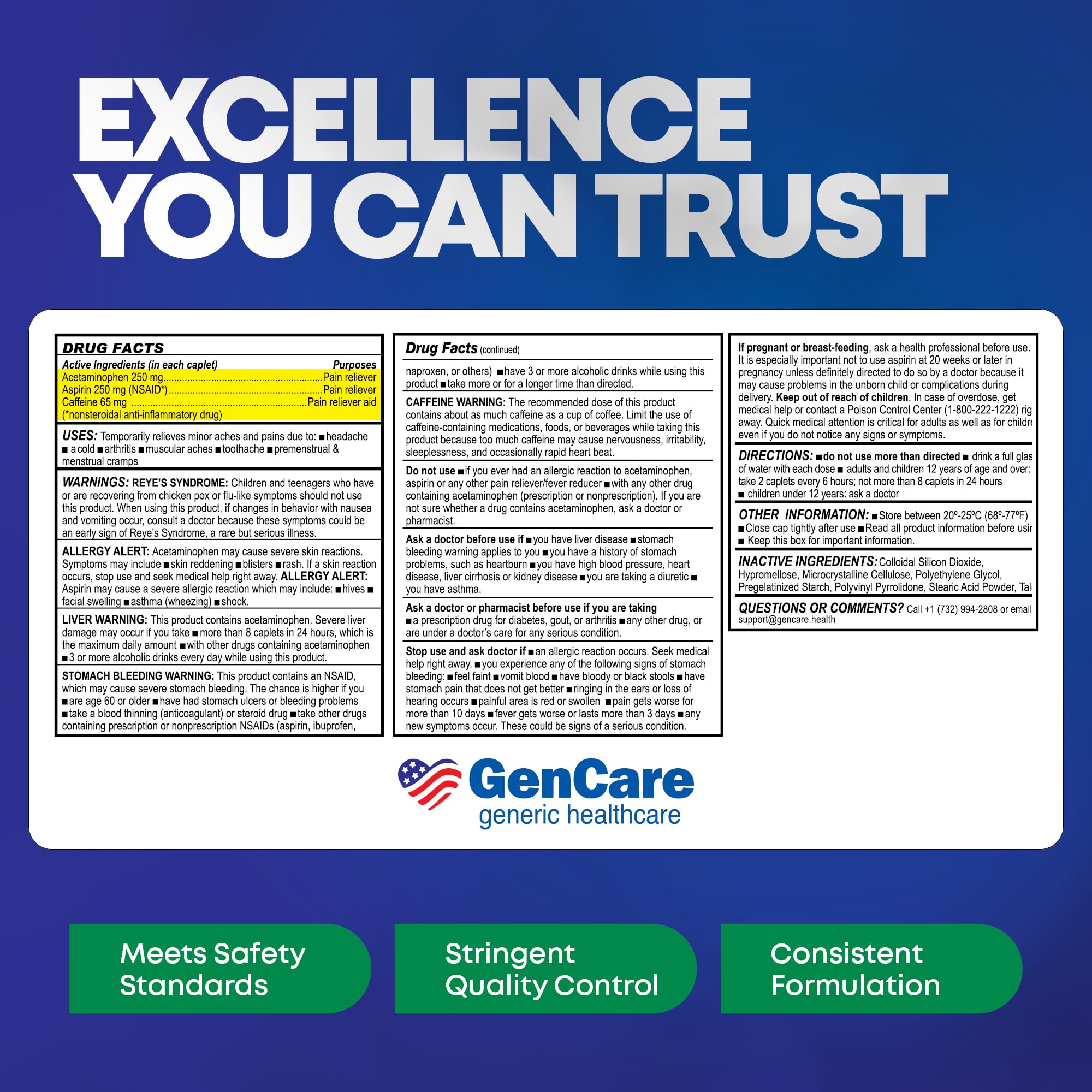 GenCare - Headache Relief Acetaminophen with Aspirin (NSAID) & Caffeine (300 Caplets) Value Pack | Head Pain, Muscle Aches, Back Pain & Body | Generic ExcedrEn Extra Strength GenCare buy supplements Au