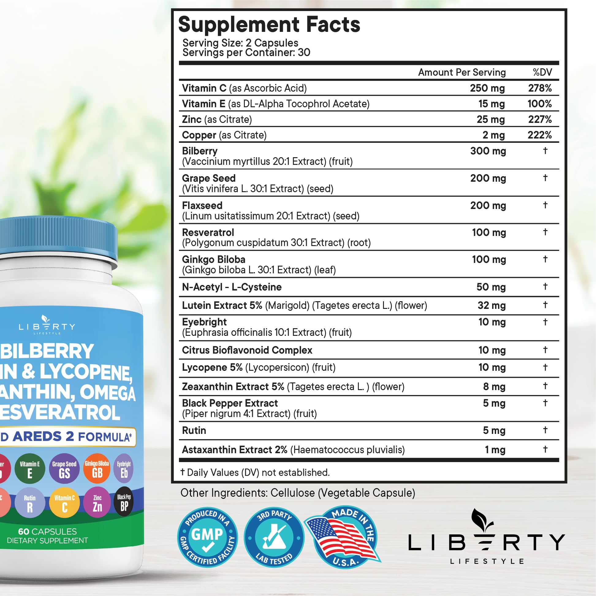 Liberty Lifestyle Eye Health Vitamins with Bilberry, Lutein & Zeaxanthin, Lycopene, Resveratrol, Grape Seed Extract Flaxseed Astaxanthin- AREDS 2-180 Capsules