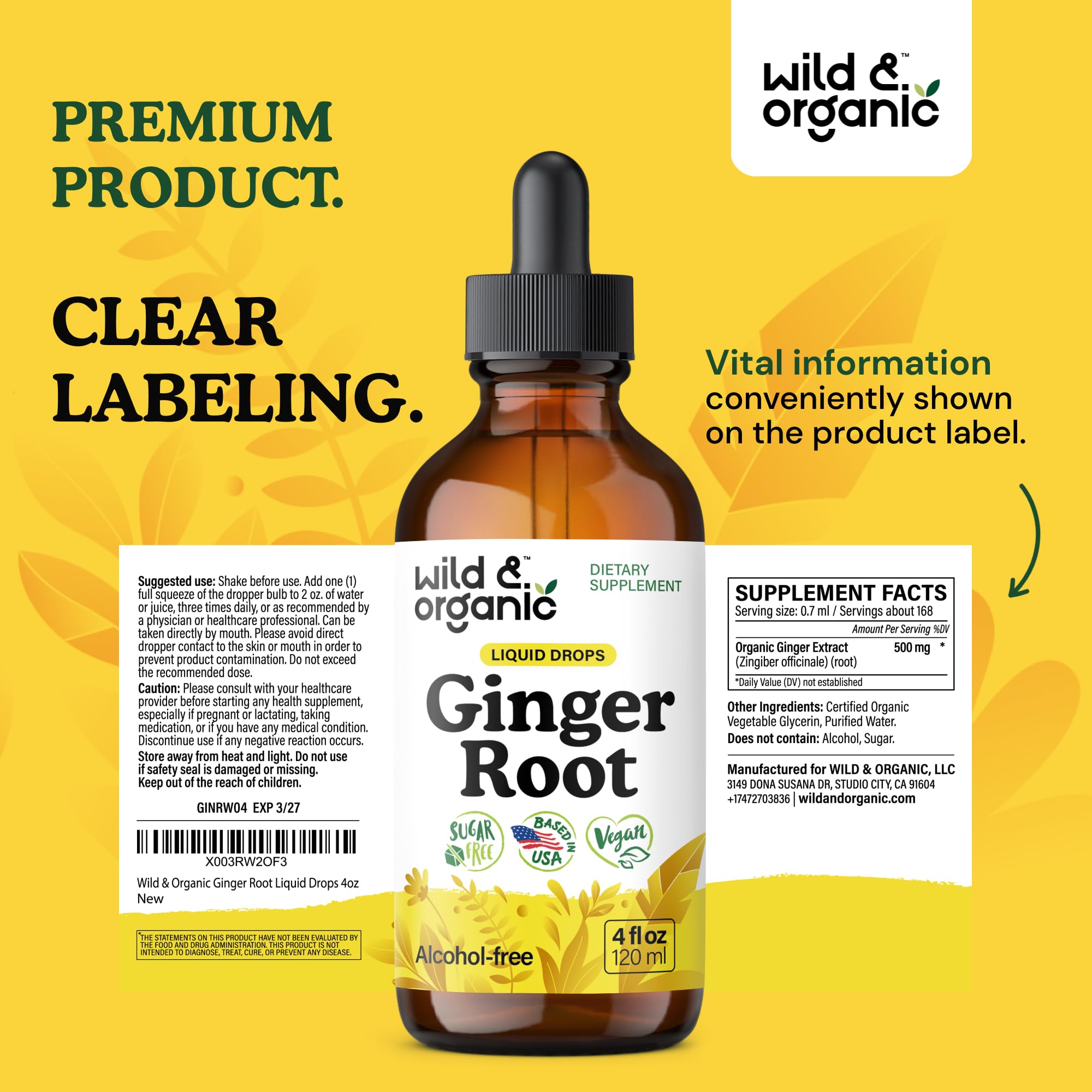 Wild & Organic Ginger Root Extract Drops - Immune & Digestive Support - Liquid Ginger Supplements - Easy to Add to Tea - Vegan, Sugar & Alcohol-Free Tincture - 4 fl oz