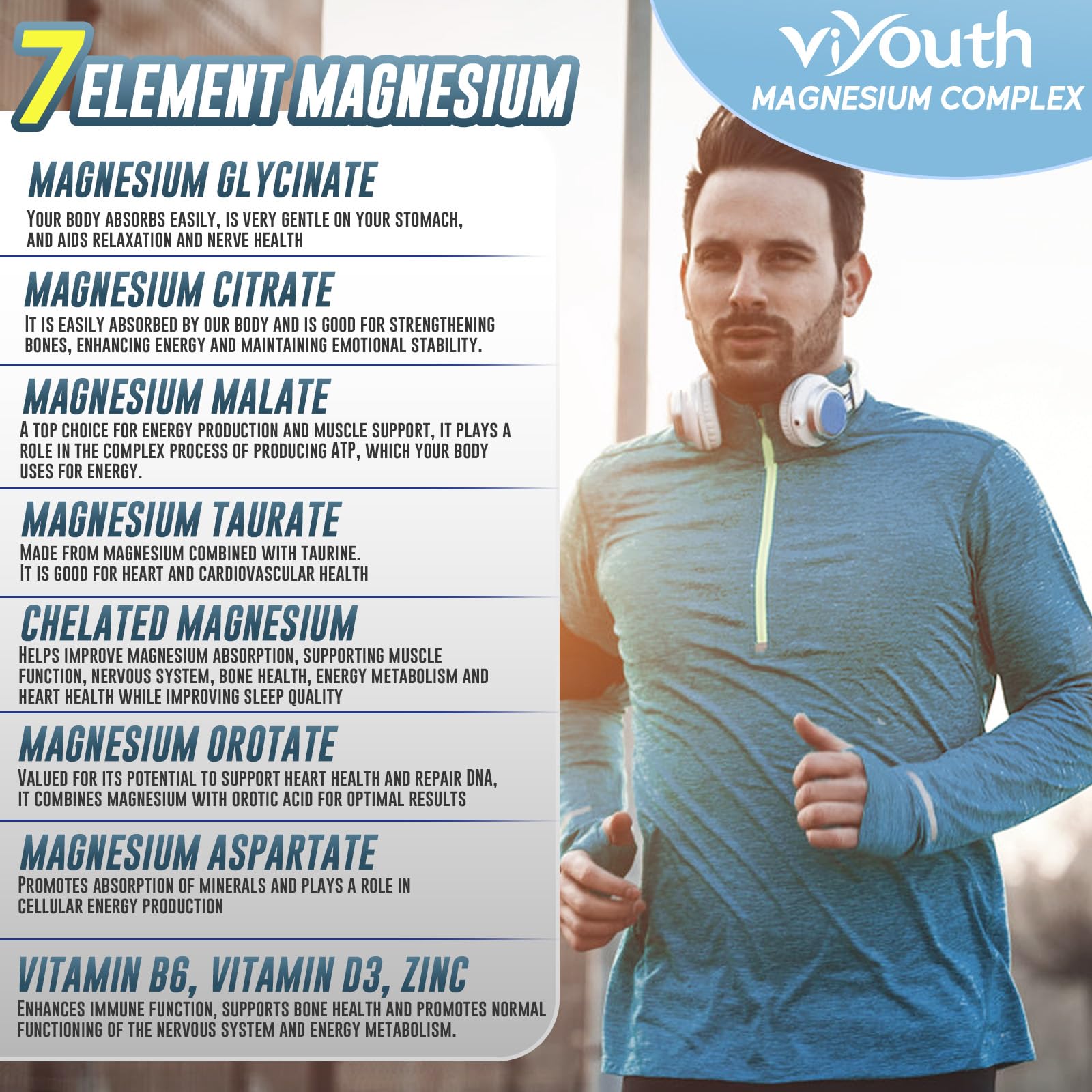 Magnesium 7 Complex Supplement Advanced with 7 Forms of Magnesium (Glycinate, Malate, Chelate, Aspartate, Orotate, Taurine, Citrate), Zinc, Vitamin D3 & Vitamin B6