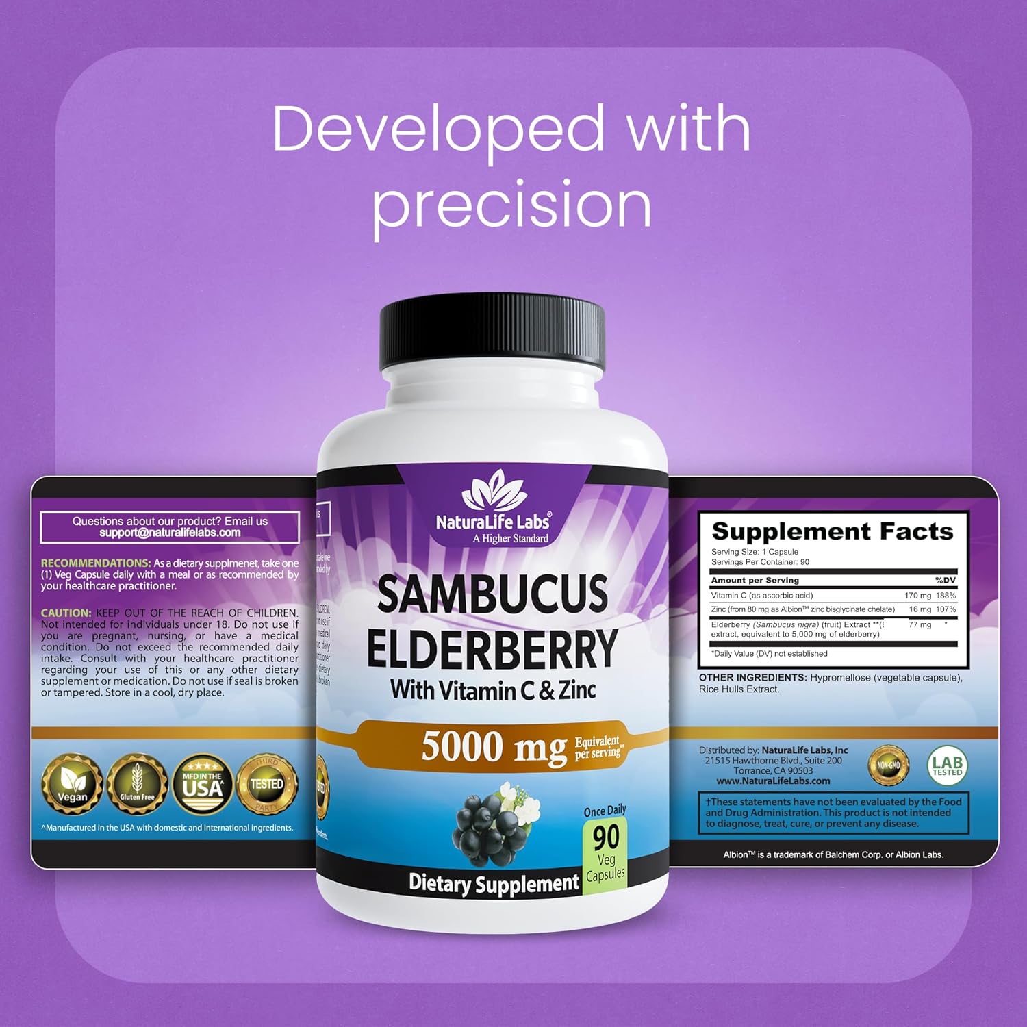 NaturaLife Labs Sambucus Elderberry Capsules – with Vitamin C & Zinc – Immune Support Supplement – 90 Vegan Capsules – Non-GMO & Gluten-Free