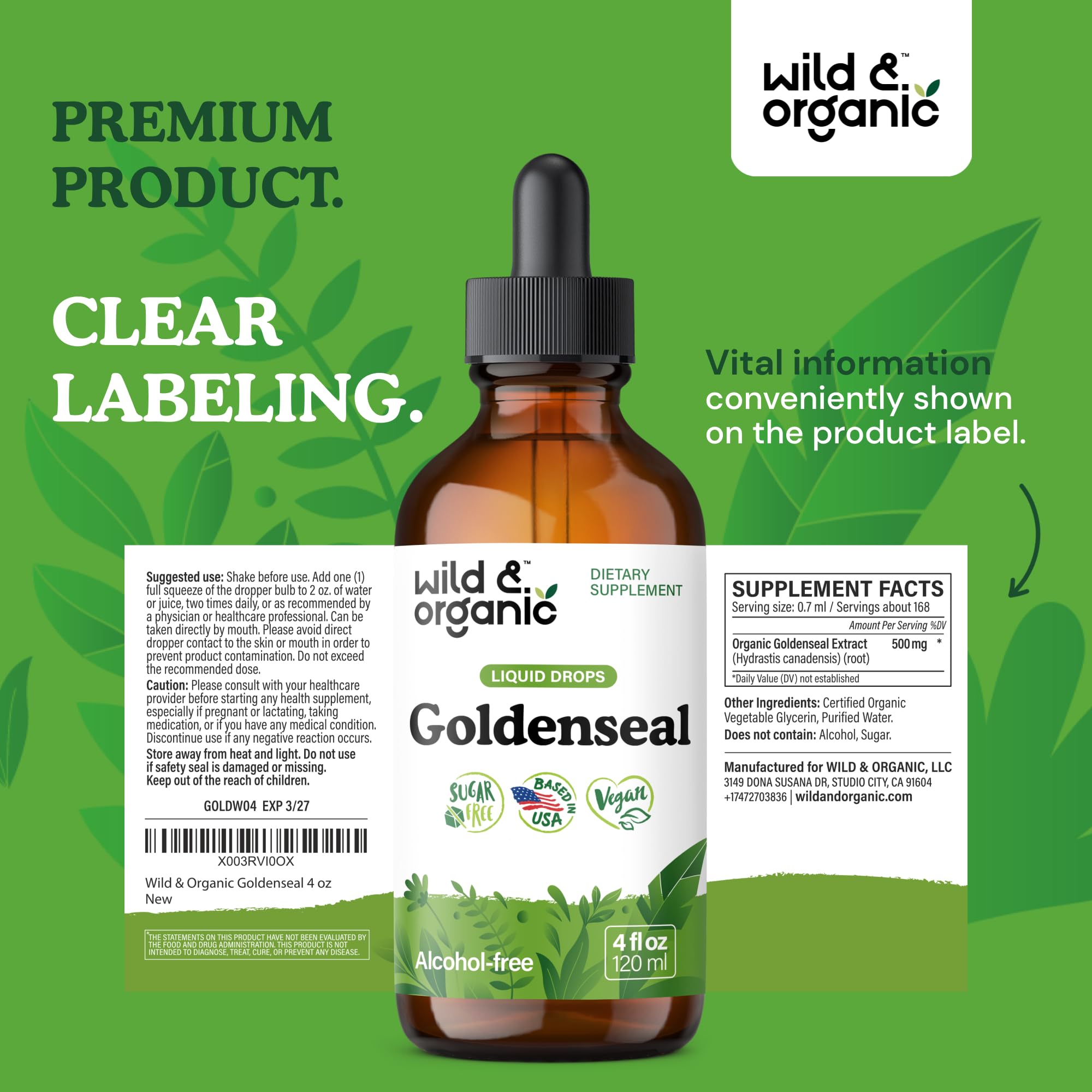 Wild & Organic Goldenseal Tincture - Lung & Digestive Support - Goldenseal Root Extract Liquid Drops - Vegan, Sugar & Alcohol-Free Herb Supplement - 4 fl oz