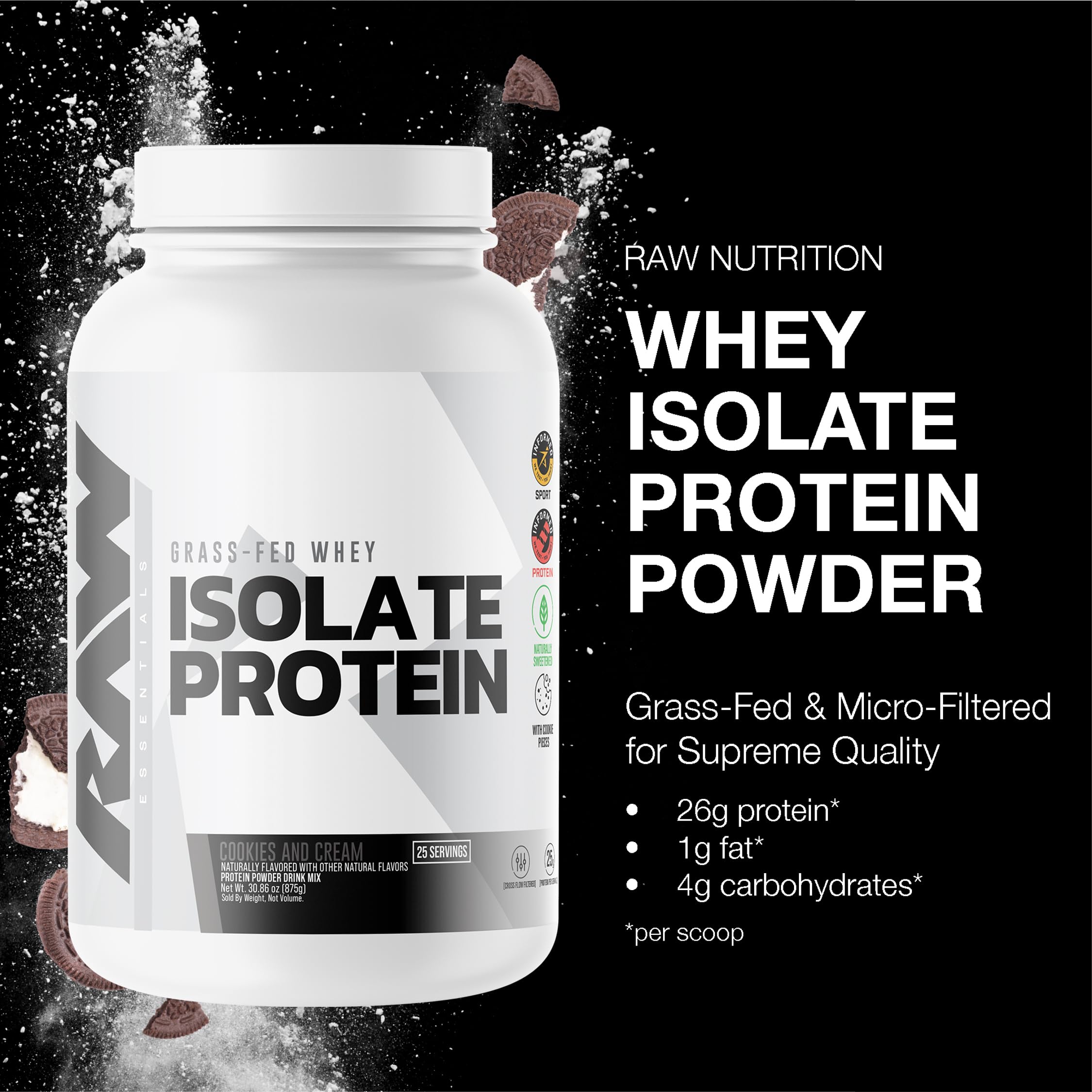 RAW Whey Isolate Protein Powder, Dark Chocolate - 100% Grass-Fed Sports Nutrition Whey Protein Powder for Muscle Growth & Recovery - Low-Fat, Low Carb, Naturally Flavored & Sweetened - 25 Servings