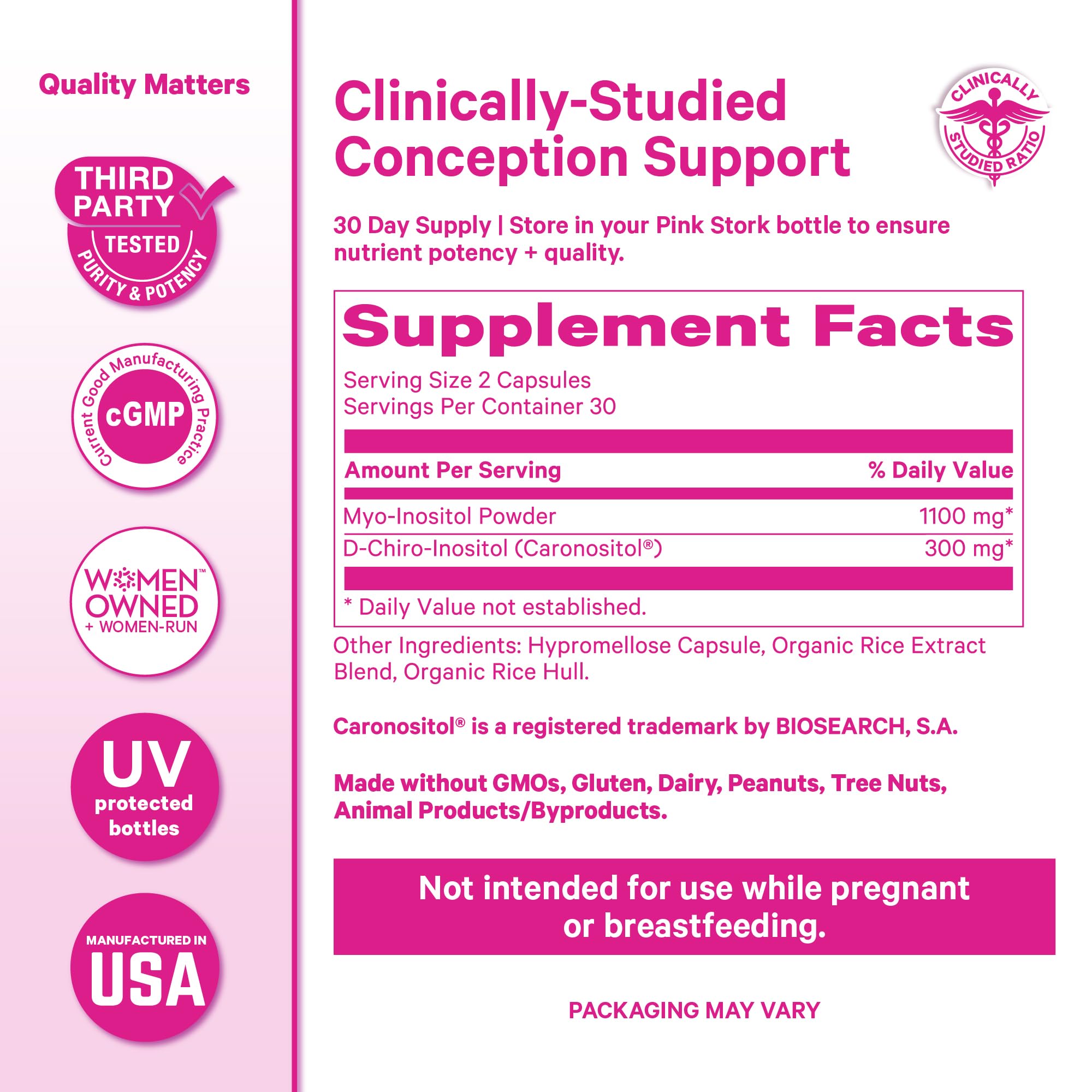 Pink Stork Myo-Inositol & D-Chiro Inositol: 3.6:1 Blend to Support Fertility, Hormone Balance for Women - Ovarian Function, Ovulation, Conception, and Period Support Supplement - 60 Capsules
