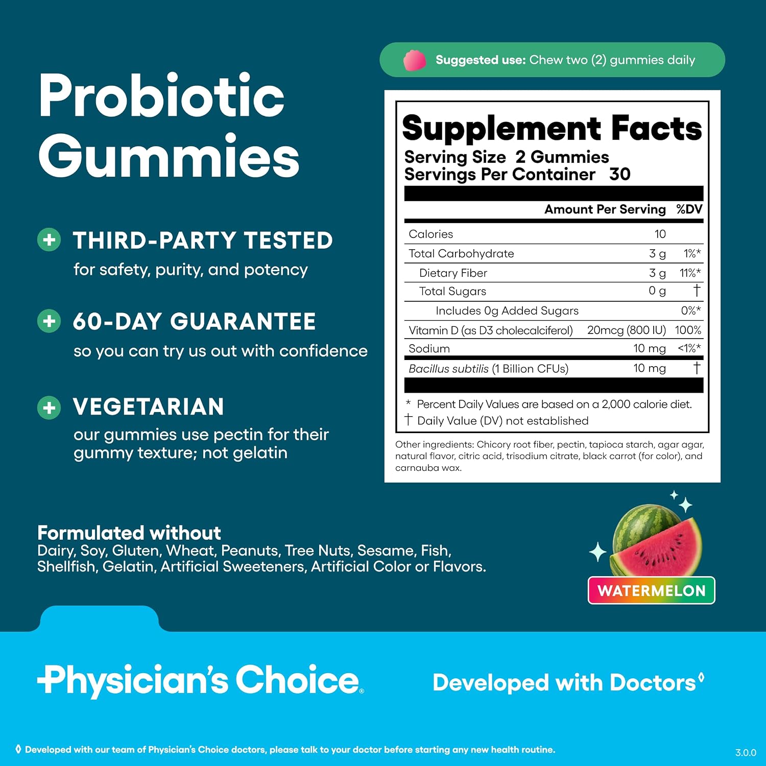 Physician's CHOICE Probiotic Gummies with Vitamin D & Prebiotic Fiber - Sugar Free - 1B CFUs of Clinically Studied Probiotic - Supports Immune & Gut Health for Women & Men - Watermelon Flavor - 60CT