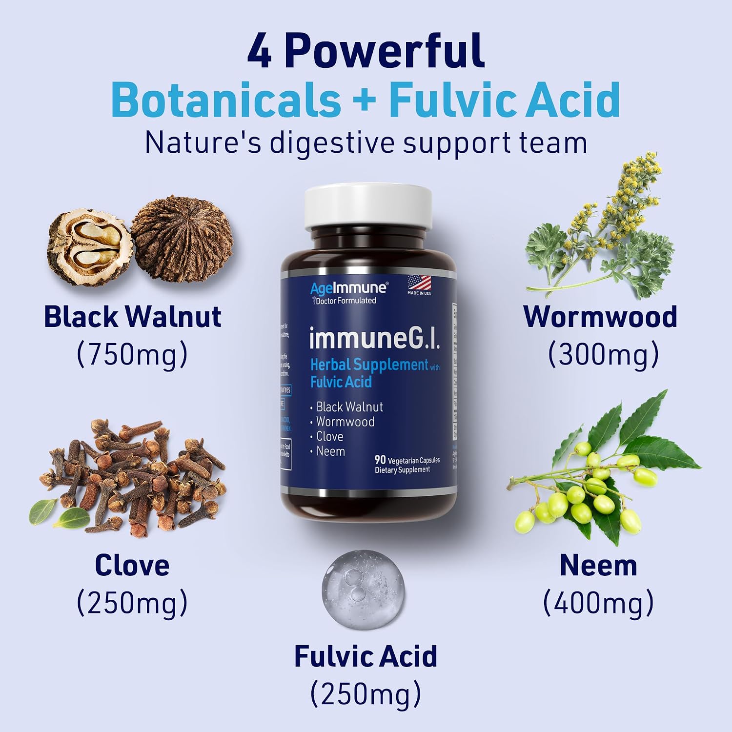 ImmuneG.I. Wormwood Black Walnut Hull Clove Neem Fulvic Acid | Intestinal Cleanse Formula | Doctor Formulated to Support Gut Health & Detox - No Stearates, No Dioxides – 90 Capsules