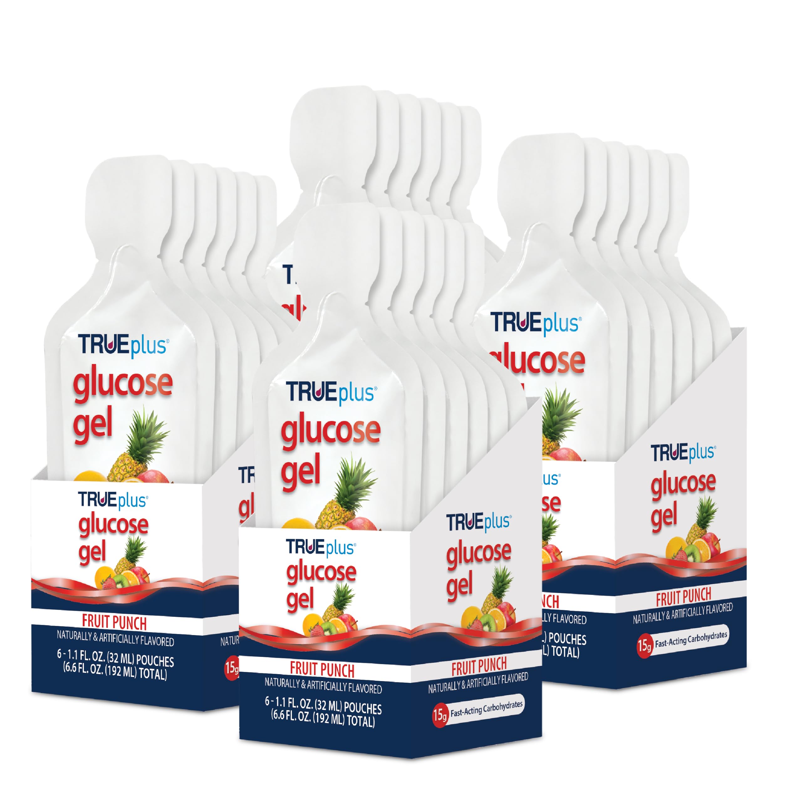 TRUEplus Glucose Gel Pouch, 15g Carbohydrates, Fruit Punch Flavor, 6 Pack | 15g Fast-Acting Carbohydrates Per Serving, Fat Free, Gluten Free, Boosts Energy, Great Tasting and Easy to Use