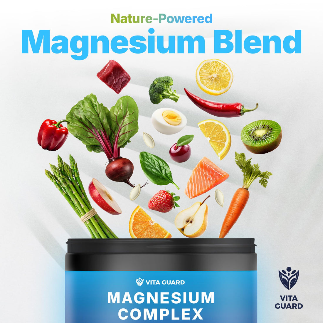 Vita Guard Magnesium Complex supplement container with white pills on a white background
