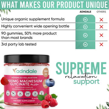 Adndale 90 CT Magnesium Glycinate 400 mg Gummies with Ashwagandha, Magnesium Malate & Taurate, Sugar Free Magnesium Gummies