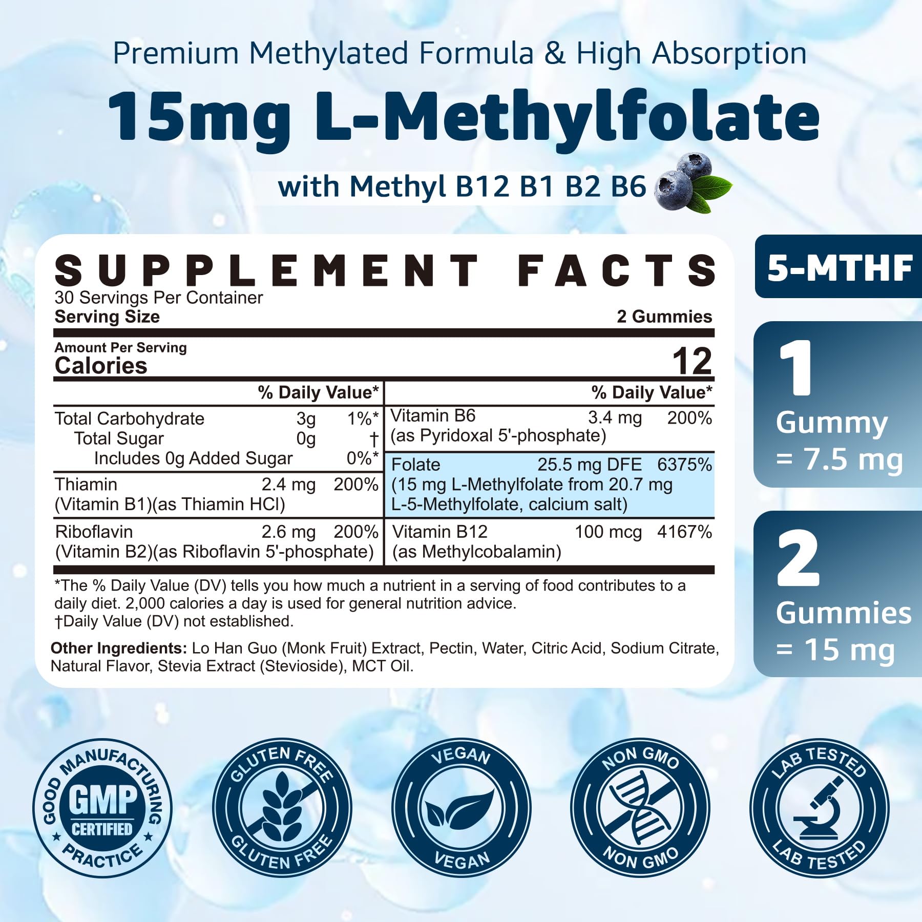 L-MethylFolate 15mg & Methyl B12 Gummies, Methylated B1, B2, B6 Multivitamins - Active 5-MTHF & High Absorption - Supports MTHFR Gene, Cognition, Homocysteine Levels, Folate Metabolism, Vegan, 120 Cts