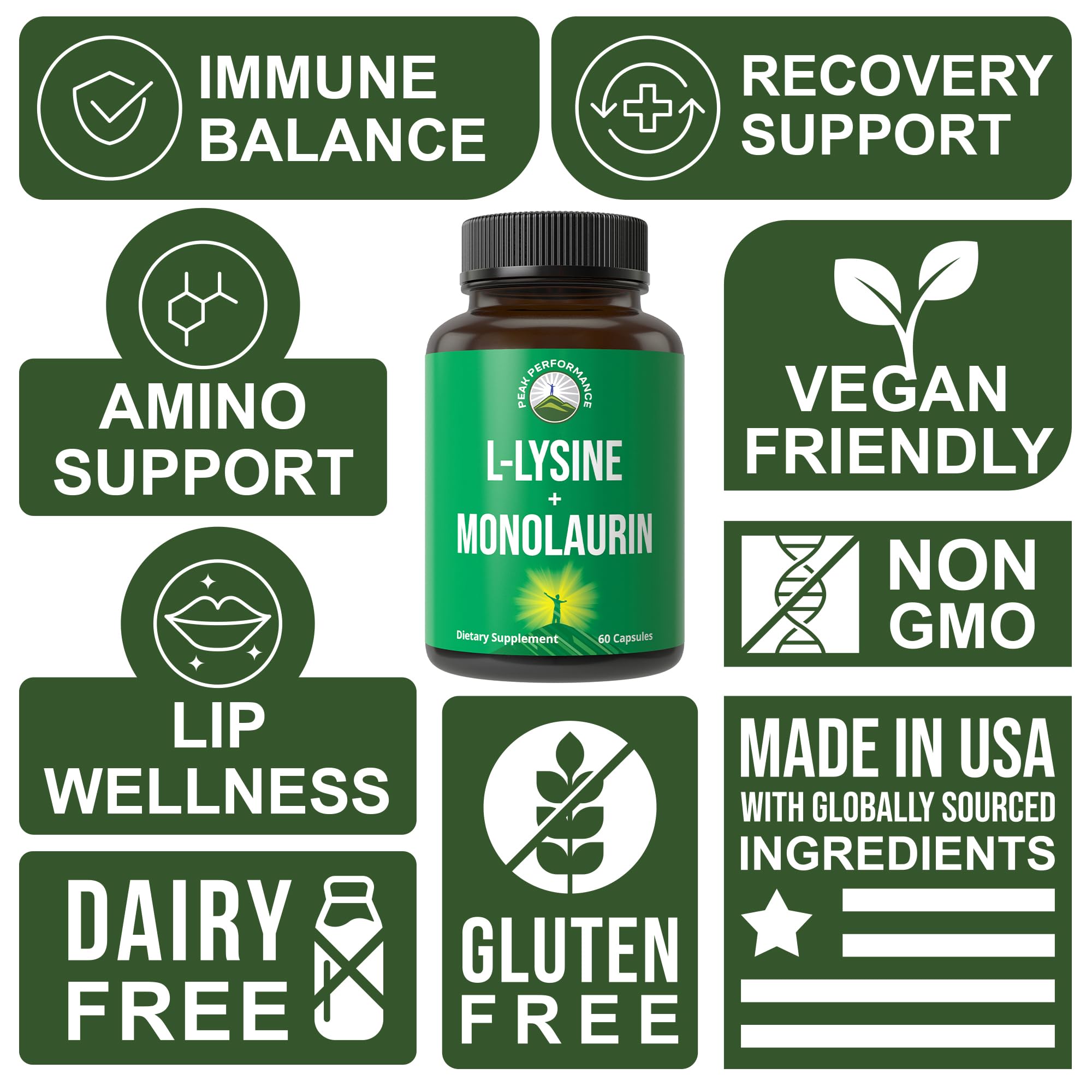 Peak Performance L Lysine 1000mg + Monolaurin 500mg Supplement for Immune Support - High Potency L-Lysine for Lips, Skin, & Health - 2-in-1 Bioavailable Supplements for Men and Women - 60 Capsules Peak PerformanceBuy Supplements Australia