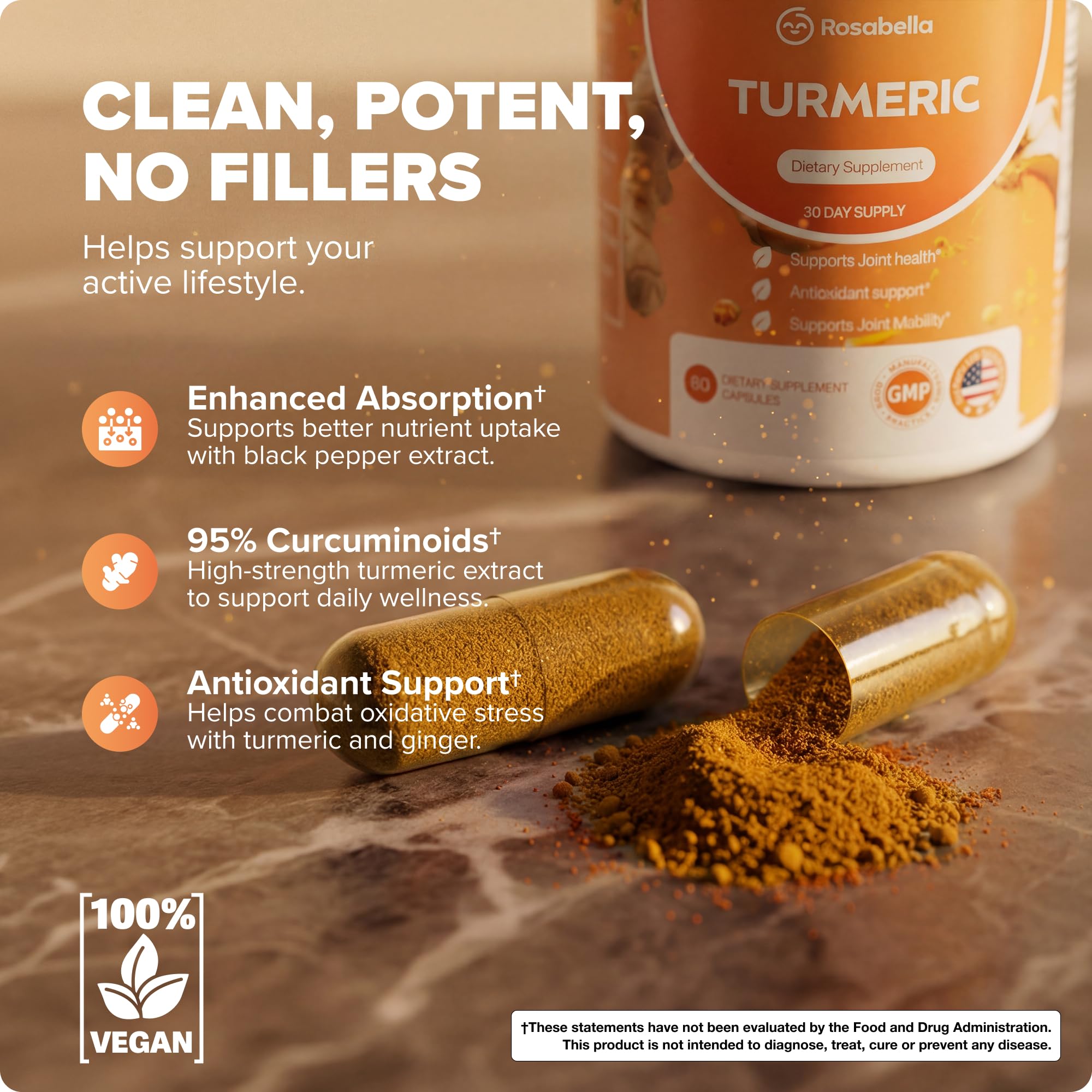 Rosabella Turmeric Curcumin Supplement – Organic Turmeric Supplement with BioPerine & Ginger, Turmeric Capsules for Joint Comfort, Mobility & Antioxidant Wellness – 60 Count (Pack of 1)