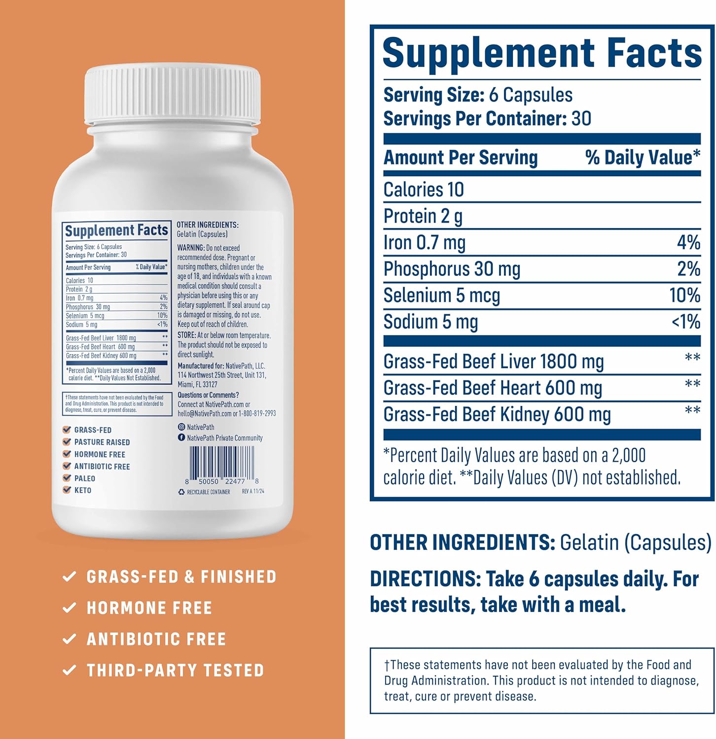 NativePath Beef Organ Complex, Liver Heart Kidney, 180 Count | Grass-Fed, Freeze-Dried, Rich In Vitamin A, B12, Iron & Choline, New Zealand Sourced, Daily Energy