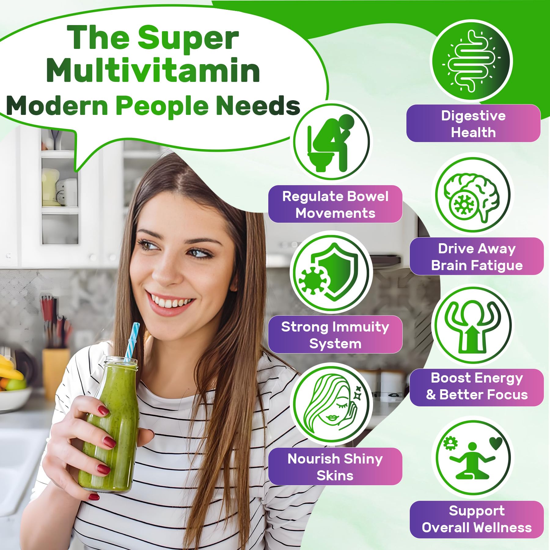 Super Greens Multivitamin Gummies, Greens Superfood Gummies w/Spirulina, Chlorella, Multivitamins, Prebiotic Fiber, Adaptogens, Adults Vitamins for Gut Health, Immunity, Focus & Energy, 120Cts
