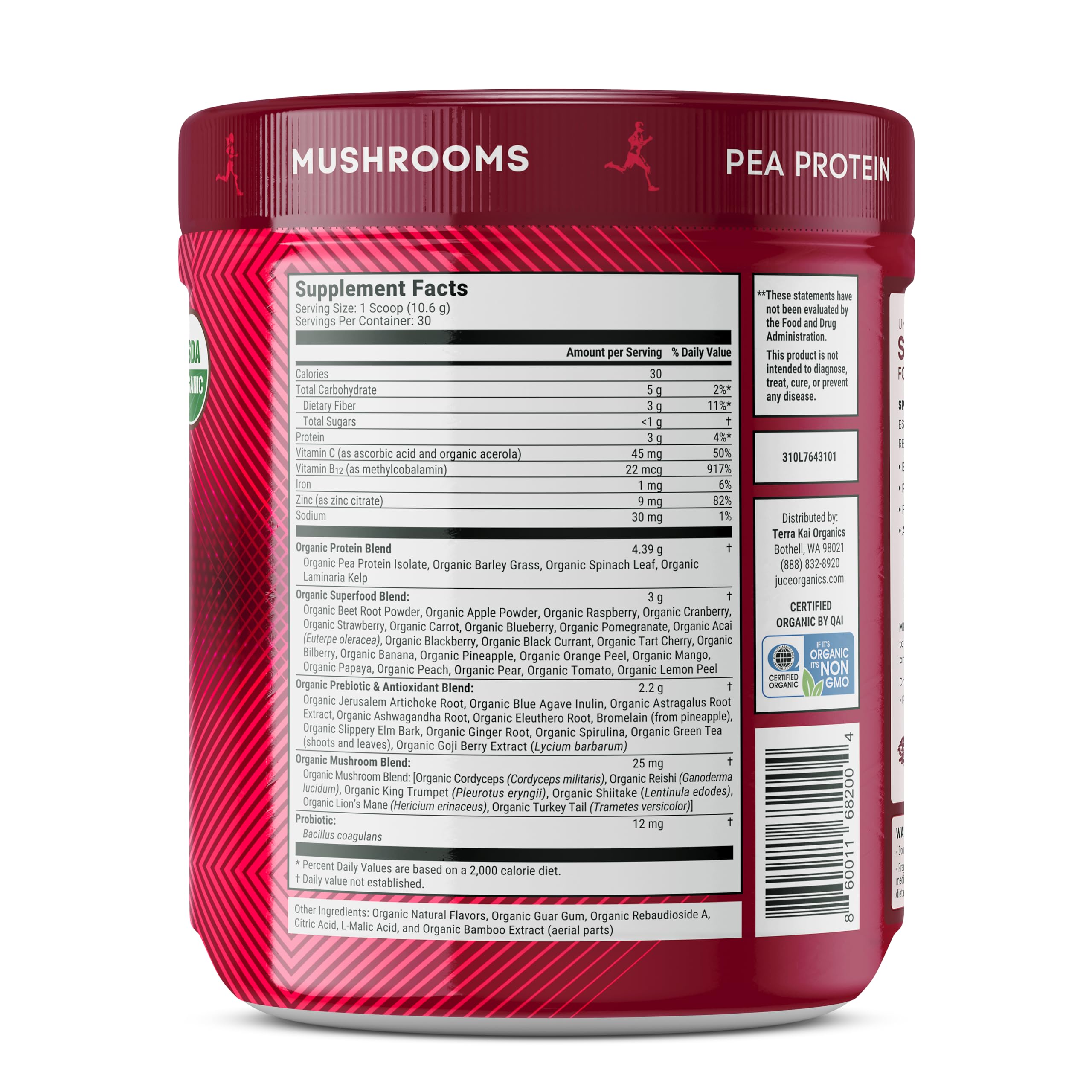 Terra Kai Organics Juce SR7 Sport Reds Organic Fruit & Veggies w/Pea Protein | 43 Superfoods, Antioxidants, Mushrooms, Beets, Herbal Adaptogens, Probiotic, Fiber, Garden Berry Flavor (30 Servings) Terra Kai OrganicsBuy Supplements Australia