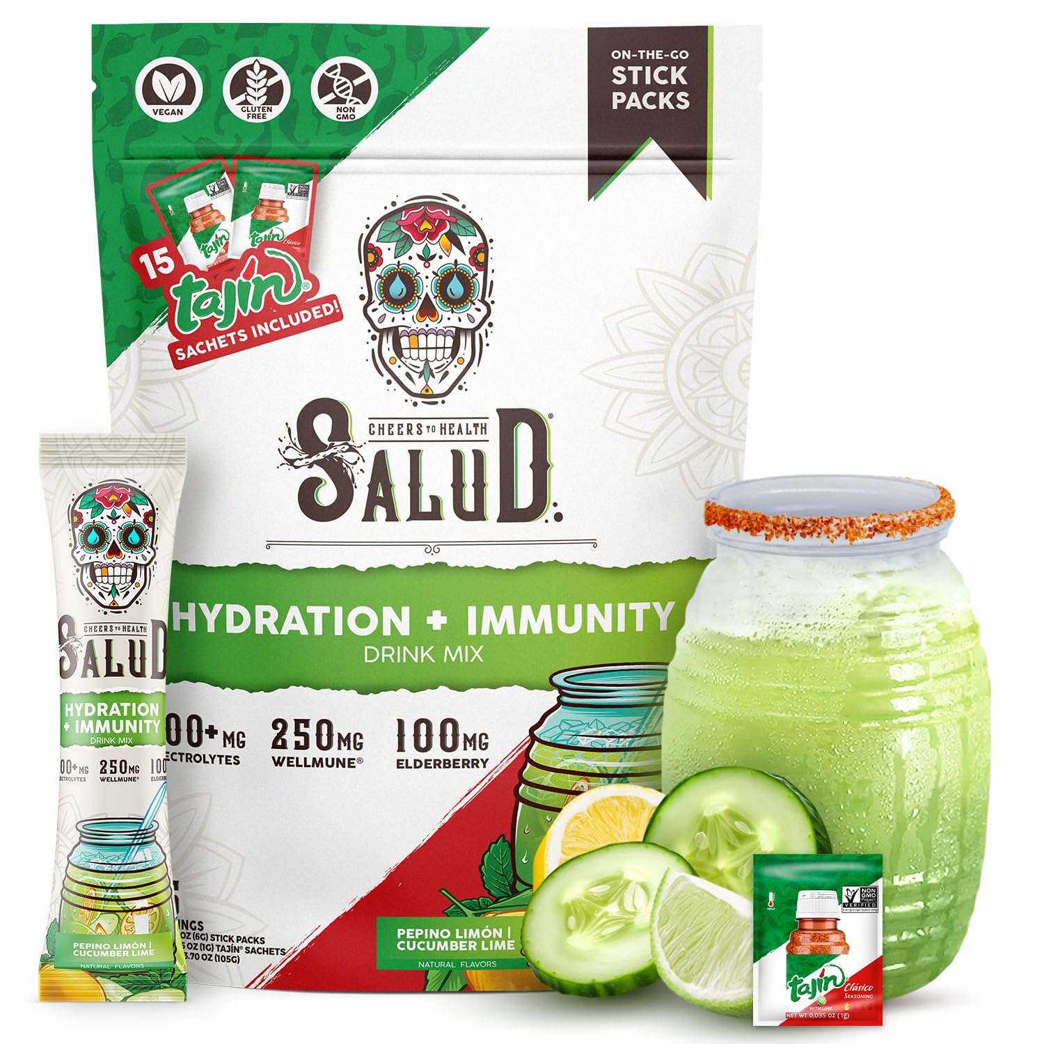 Salud 2-in-1 Hydration + Immunity Drink Mix, Cucumber Lime | Electrolytes Powder, Agua Fresca, Elderberry, Dairy & Soy Free, Non-GMO, Gluten Free, Vegan, 1g Sugar (15 Servings)