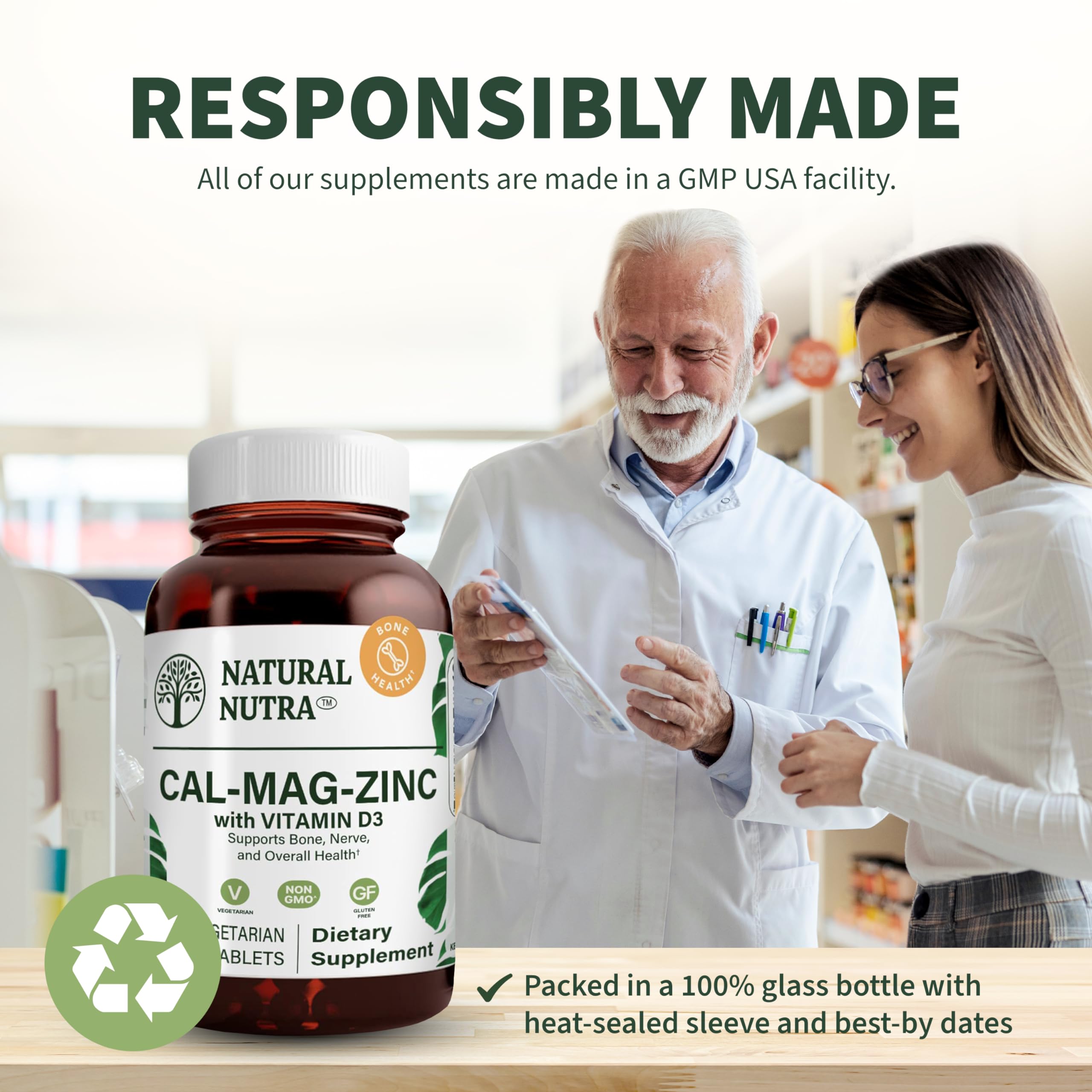 Natural Nutra Calcium Magnesium Zinc (Cal-Mag Zinc) with Vitamin D3,100 | Bone, Teeth, Muscle & Nerve Support, Gluten Free, Sugar Free