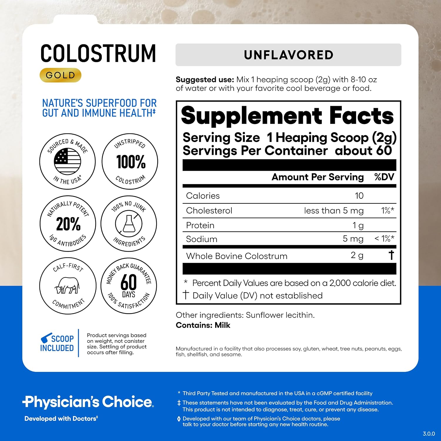 Physician's CHOICE Colostrum Gold Powder - First-Day Milking for Gut & Immune Support - Potent IgG Antibodies & Bioactive Nutrients - Whole & Unstripped - Easy to Mix - Made in the USA - 60 Servings