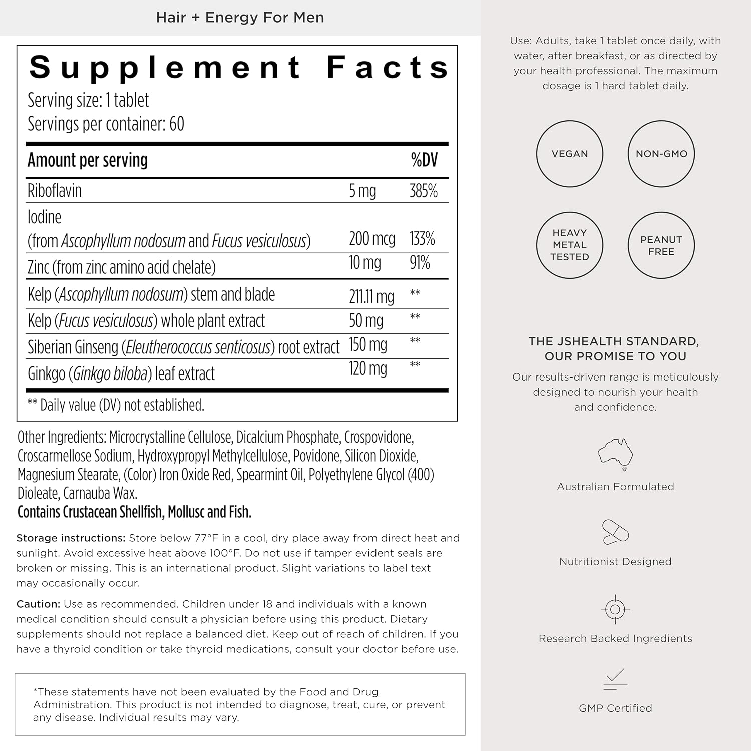 JSHealth Hair Growth Supplement for Men Nutritionist Formulated - 60 Count | Made with Kelp Iodine, Zinc, Siberian Ginseng, Ginkgo. Supports Hair, Healthy Hormone Levels, Energy, Stamina