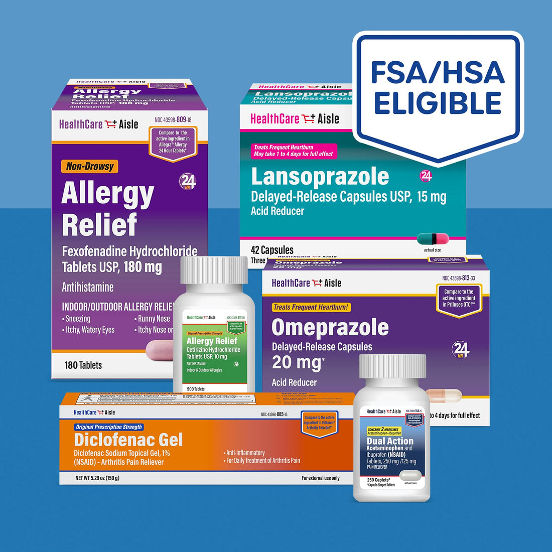 Box of Omeprazole delayed-release tablets 20 mg by HealthCare Aisle on a white background