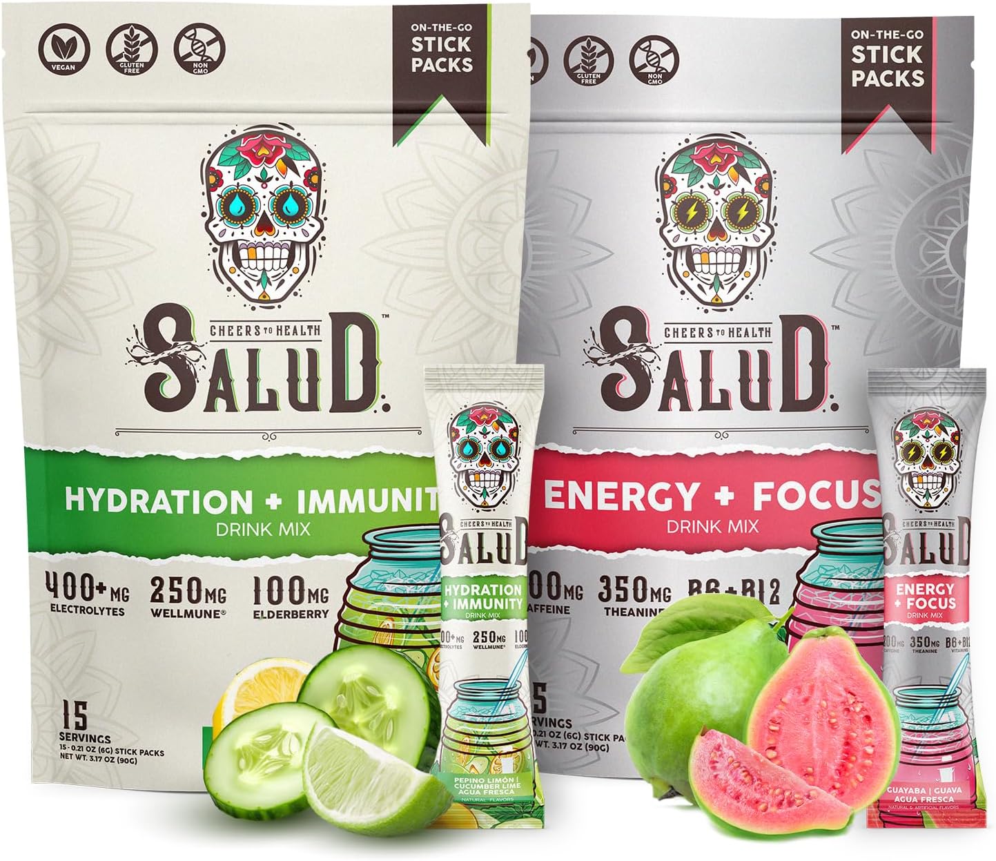 Salud 2-Pack | 2-in-1 Hydration + Immunity (Cucumber Lime) & Energy + Focus (Guava) – 15 Servings Each, Agua Fresca Drink Mix, Non-GMO, Gluten Free, Vegan, Low Calorie, 1g of Sugar