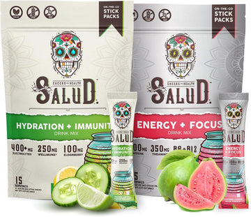 Salud 2-Pack | 2-in-1 Hydration + Immunity (Cucumber Lime) & Energy + Focus (Guava) – 15 Servings Each, Agua Fresca Drink Mix, Non-GMO, Gluten Free, Vegan, Low Calorie, 1g of Sugar