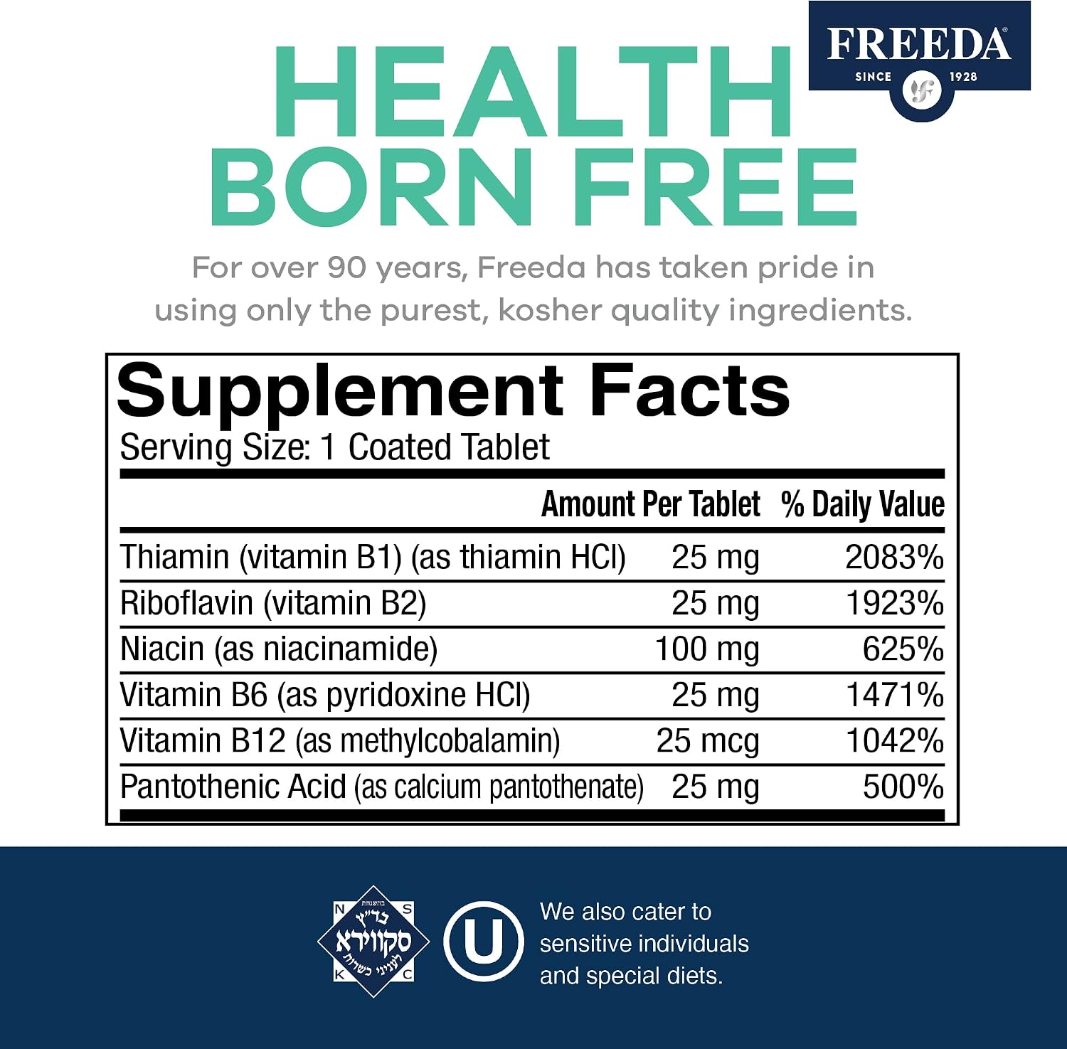 FREEDA Super B-Complex Vitamin Supplement – No Folic Acid or PABA, 100ct | Supports Energy, Metabolism, & Cellular Function – Balanced B Vitamins for Men & Women – Kosher, Vegan, Gluten-Free, USA Made